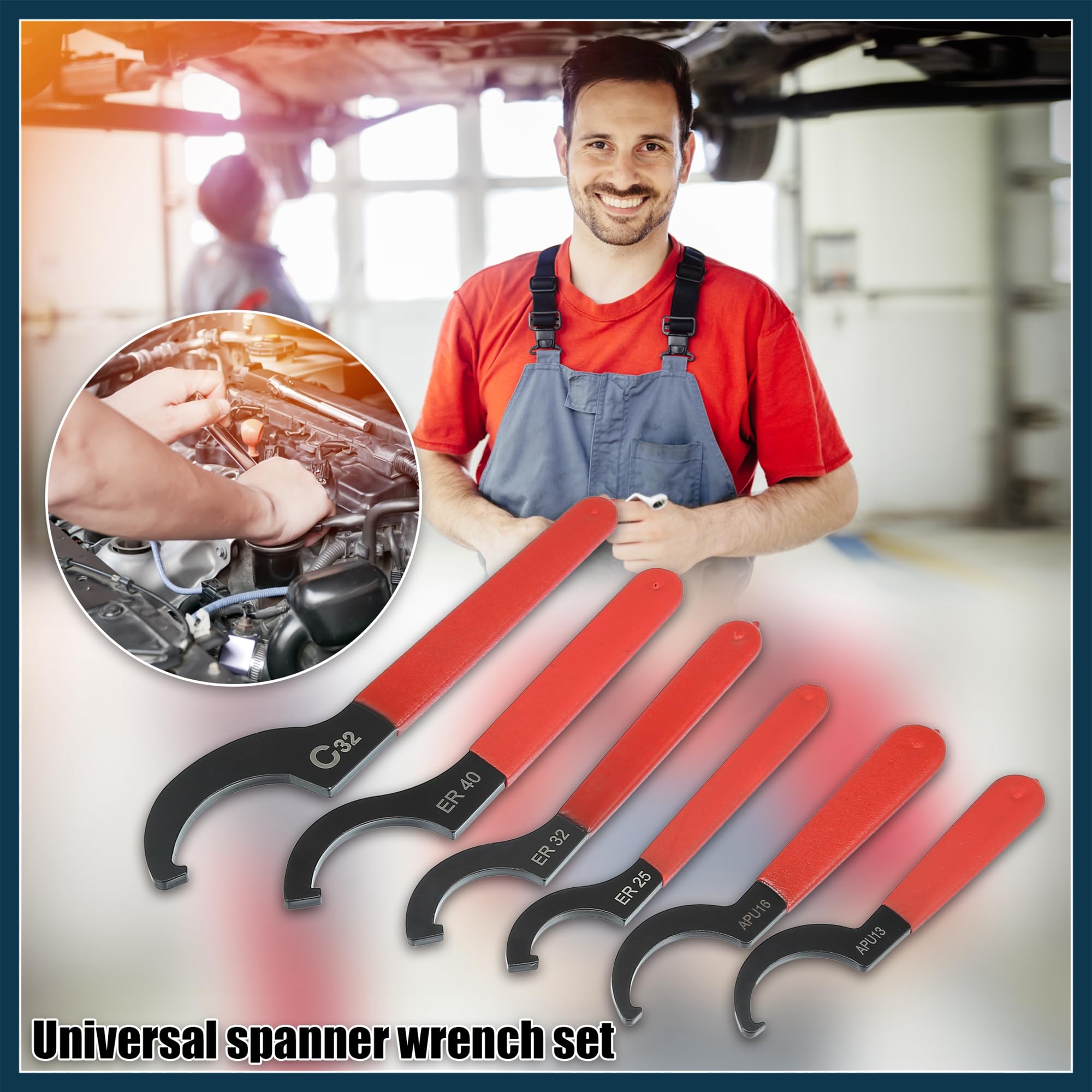 TUCKBOLD 6pcs Coil Over Wrench Shock Spanner Adjustable C Shape Wrenches Tool Automotive Parts, Black, Red, 8.27"x1.50"x0.31" - Image 2