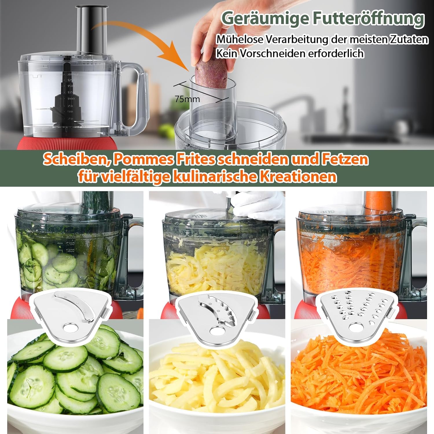 Robot de cuisine multifonction 1500 W, 11 fonctions, bol de 2,5 l et récipient de 1,5 l, mini hachoir, disque de coupe, presse-agrumes, hachoir à pétrissage