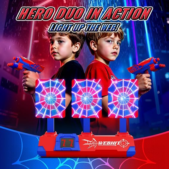 Shooting Toys for 3-12 Year Old Boys, Hero Styles with Glowing Web&Sounds,LCD Scoring and Auto Reset 3 Targets,Indoor Outdoor Kids Family Games Birthday Gifts for Boys Toys Age 3 4 5 6 7 8 9 10 11 12