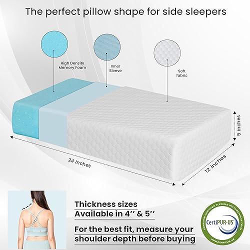 Miniatura 3 de Almohada cúbica de espuma viscoelástica para personas que duermen de lado, color gris con funda extra blanca, 24 x 12 x 5 pulgadas, almohada firme