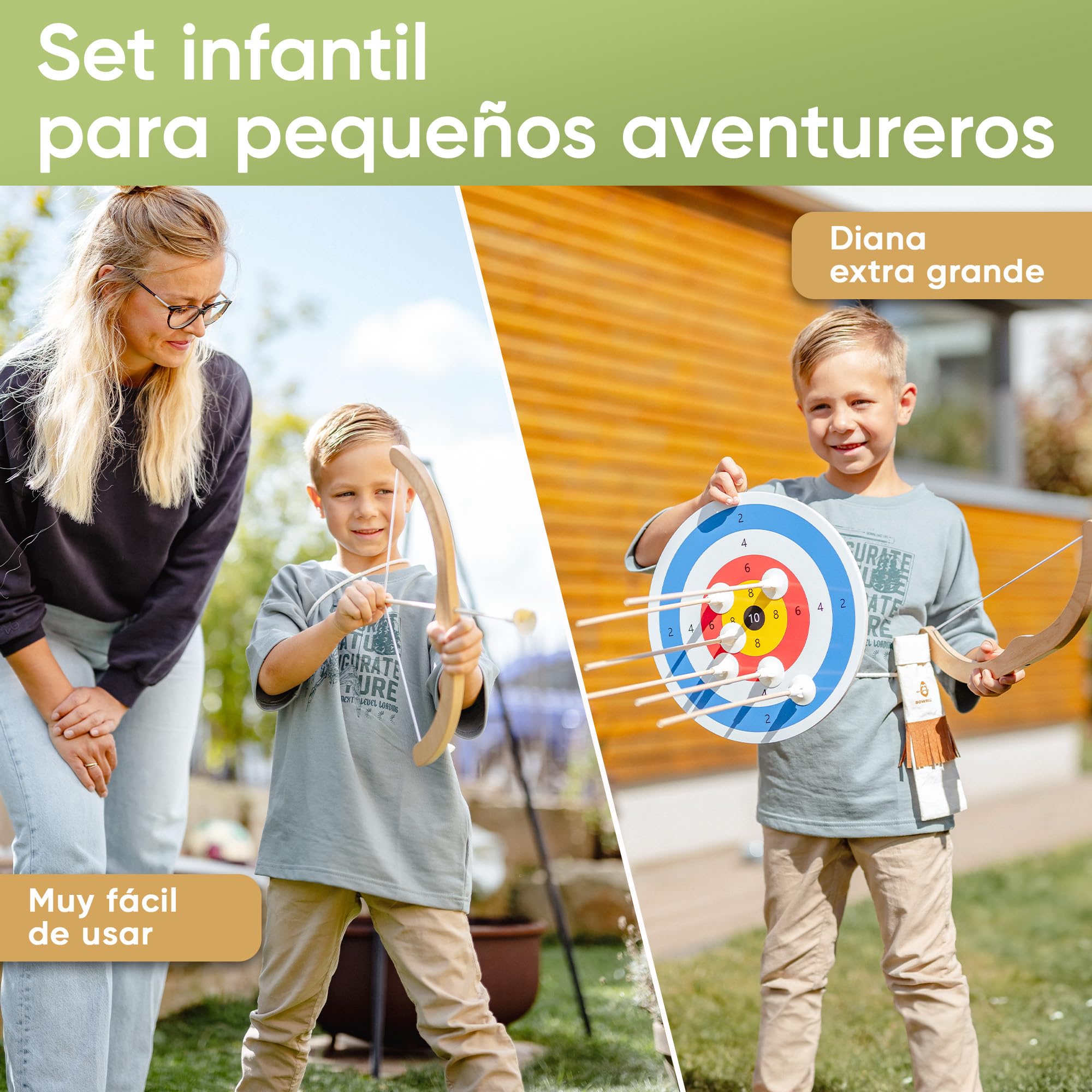 BOWRILLA® Juego de tiro con arco para niños con 6 flechas y diana de madera, ideal para interior y exterior a partir de 3 años