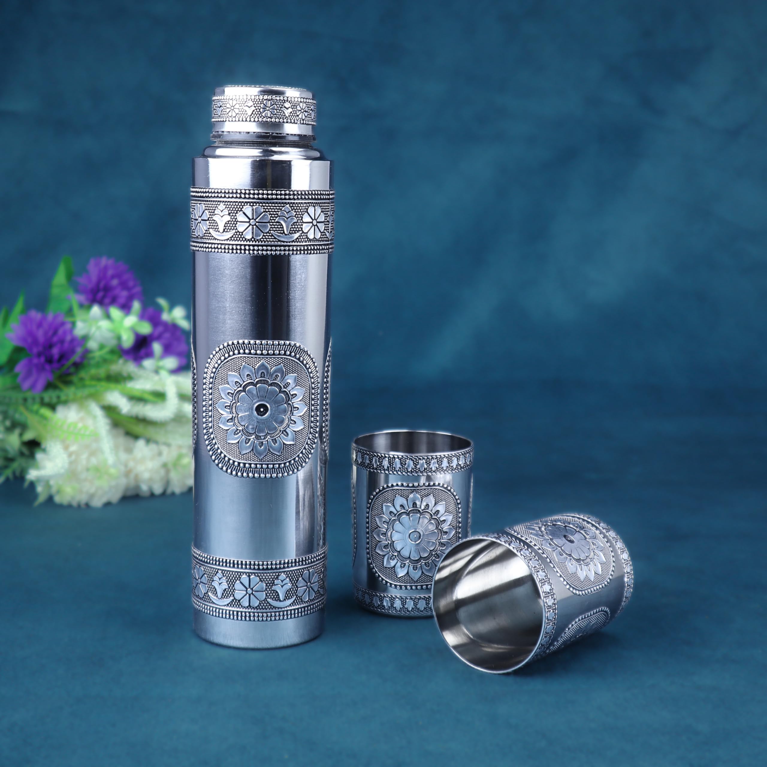 Oxidized Stainless Steel Water Bottle with 2 Matching Glasses Set, 1000ml Bottle & 250ml Glasses, Intricate Floral Design, Gifting Set, Rust-Proof, Leak-Proof. (1000 ML Set)