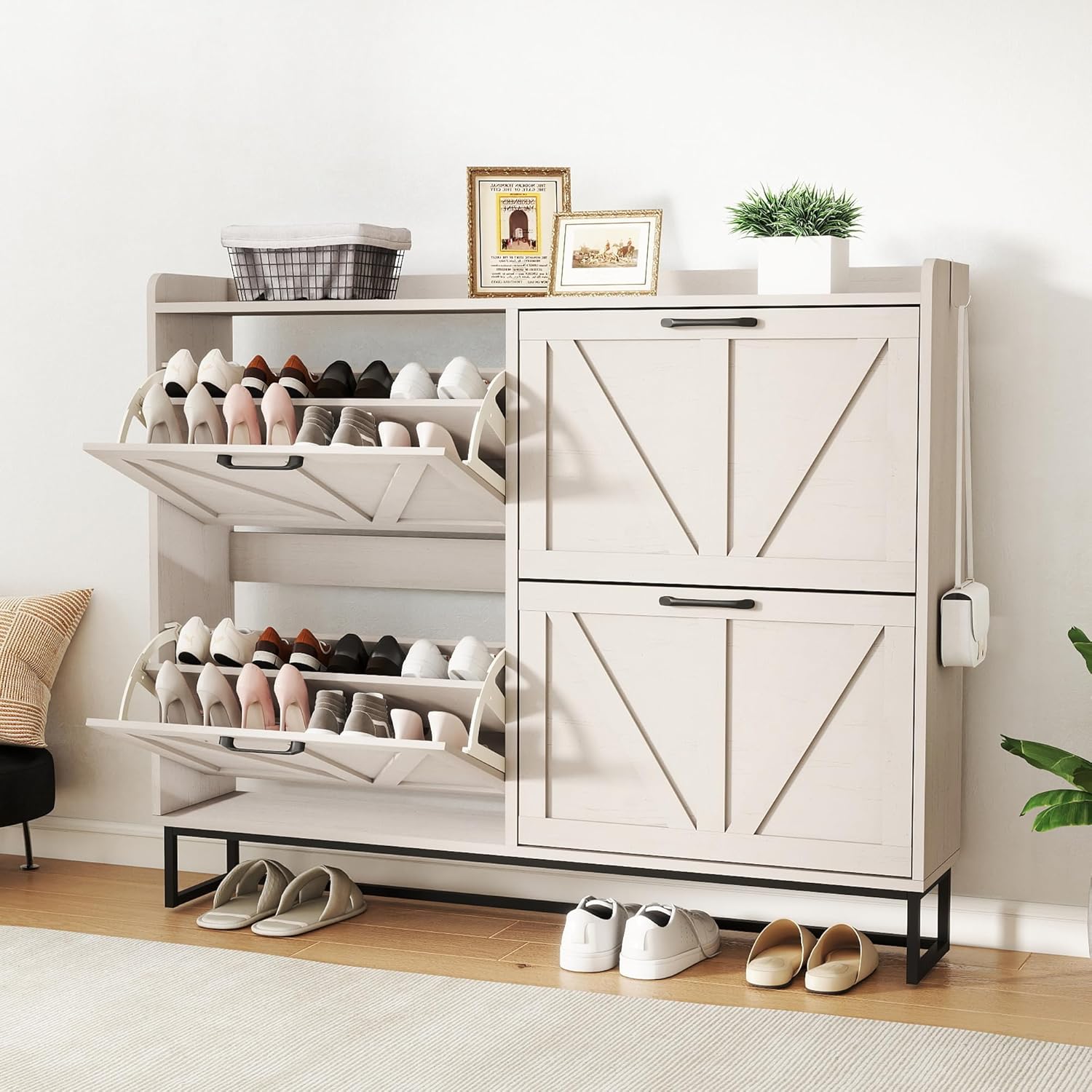 Shoe Storage Cabinet with 4 Flip Drawers, Freestanding Shoe Cabinet with Wooden Legs, Farmhouse Shoe Rack Cabinet for Entryway, Hallway, Distressed White