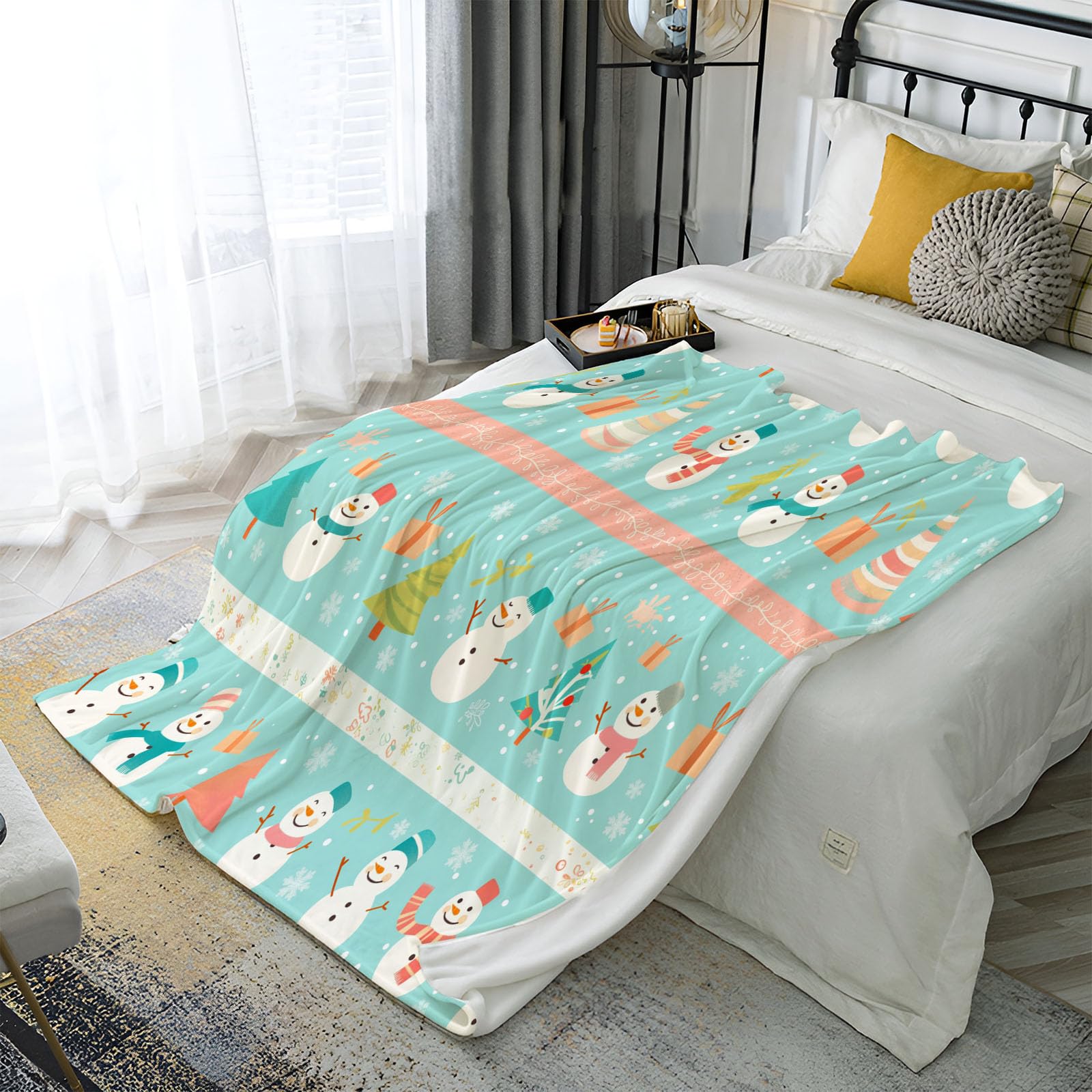 Manta De Franela Pino Muñeco De Nieve De 230X270Cm, con Estampado De Rayas Navideñas, Verde Salvia Cálida Suave, Lavable Cómoda Colcha De Cama De Fácil Cuidado para Sofá, Sofá Viajar