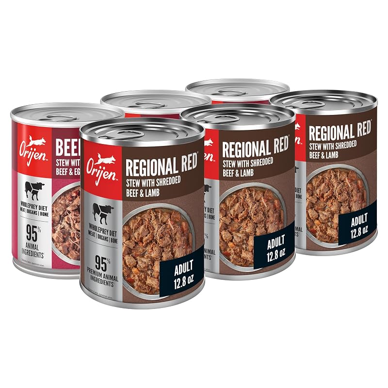 Ração úmida para cães ORIJEN Stew com Shreds Regional Red e Beef, 6 latas de 363 g