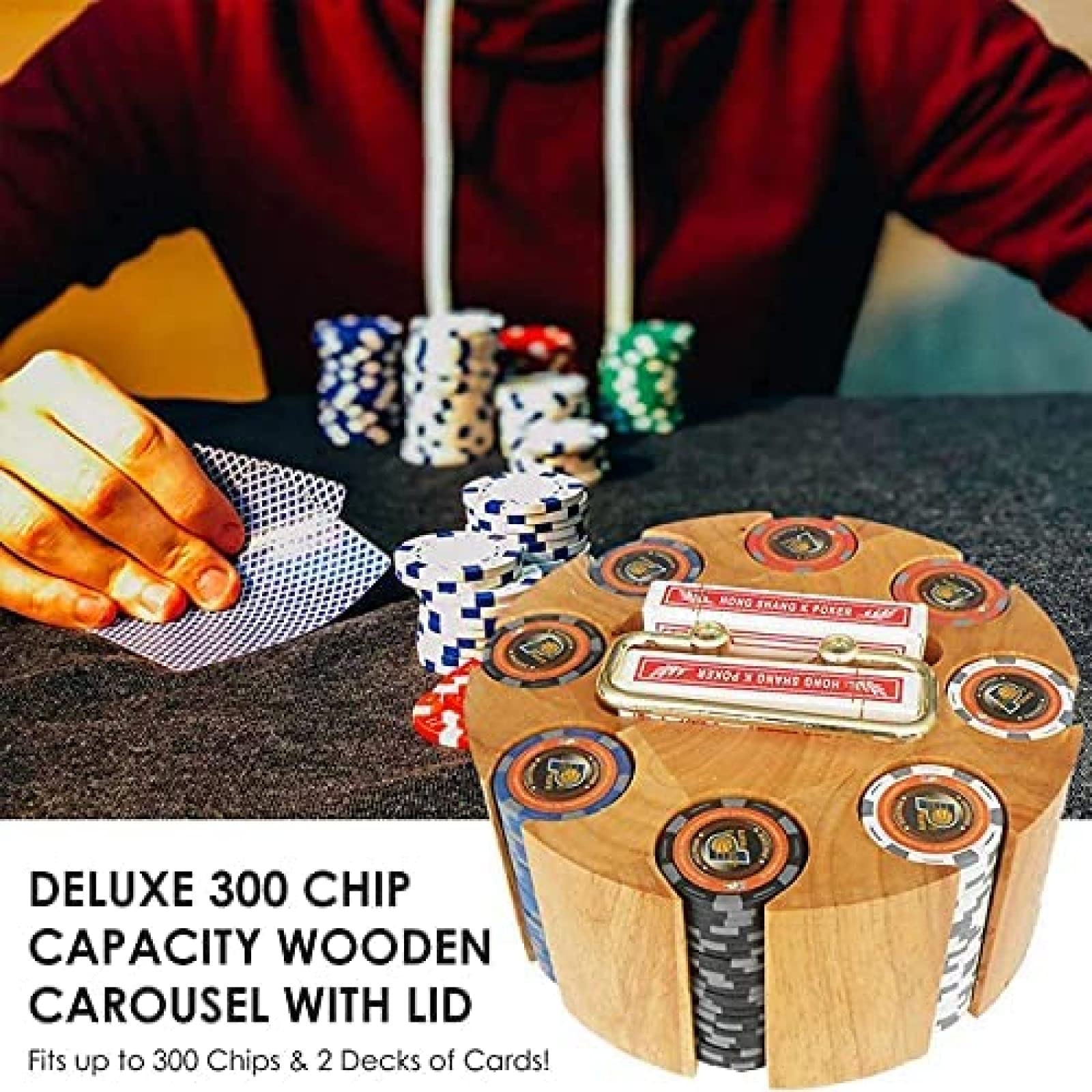 Vassoio Porta fiches da Poker con Rotazione, Set di fiches da Poker in Custodia a carosello in Legno, Accessori per Feste da Casinò per blackjack, Texas Hold'em, Giochi per Famiglie, capacit