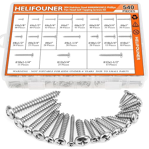 HELIFOUNER - Juego de 540 tornillos para madera #4#6#8#10#12, kit surtido de tornillos autorroscantes Phillips de 18 tamaños, tornillos
