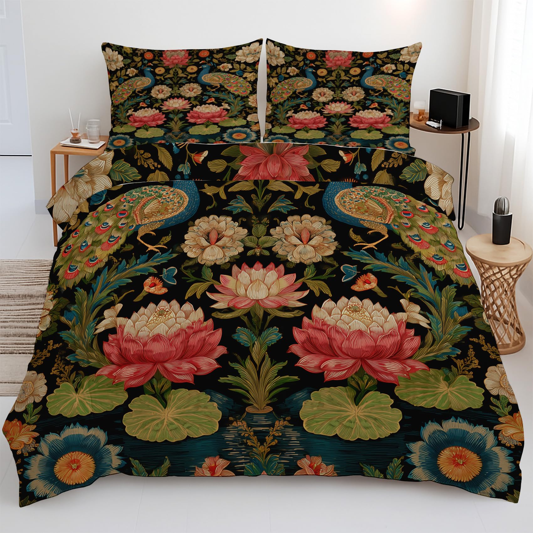 Housse de couette adulte en microfibre supérieure au motif paon floral