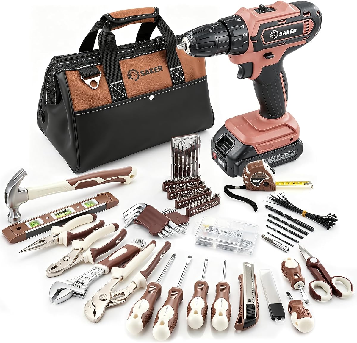 20V Tool Set with Drill, General Home Hand Tool Kit with 14-Inch Storage Bag, Tool Set with 20V Cordless Drill for DIY Projects, Home Repairs, Handyman, Mocha Brown