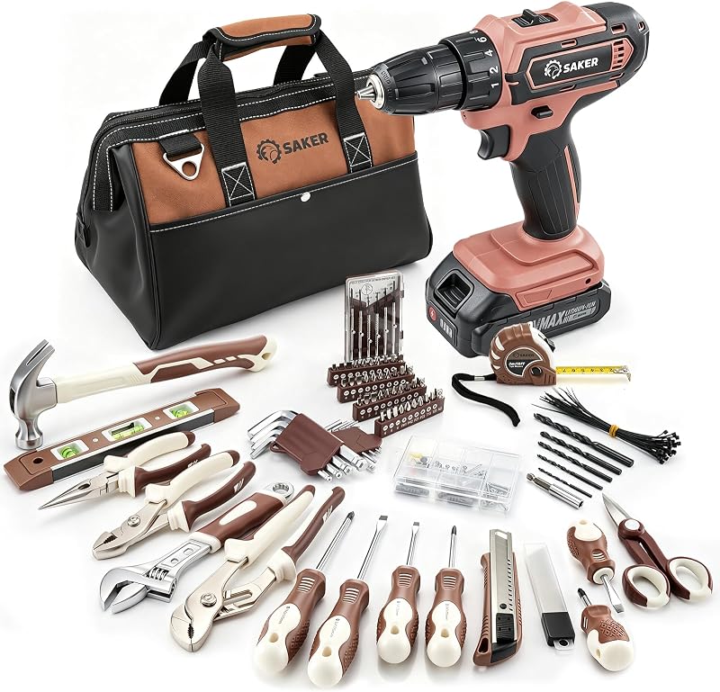 20V Tool Set with Drill, General Home Hand Tool Kit with 14-Inch Storage Bag, Tool Set with 20V Cordless Drill for DIY Projects, Home Repairs, Handyman, Mocha Brown