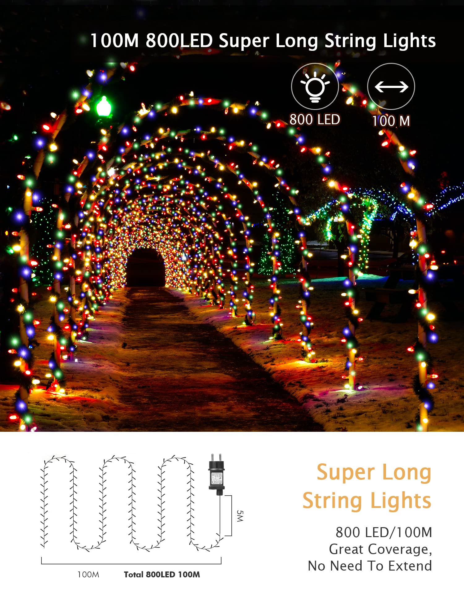 GYLEFY Luci di Natale Esterno 100m Catena Luminosa 800 LED Stringa Impermeabile Luci Natalizie da Esterno con Telecomando Ghirlanda LED Decorazioni Natalizie per Albero Natale Giardino Multicolore