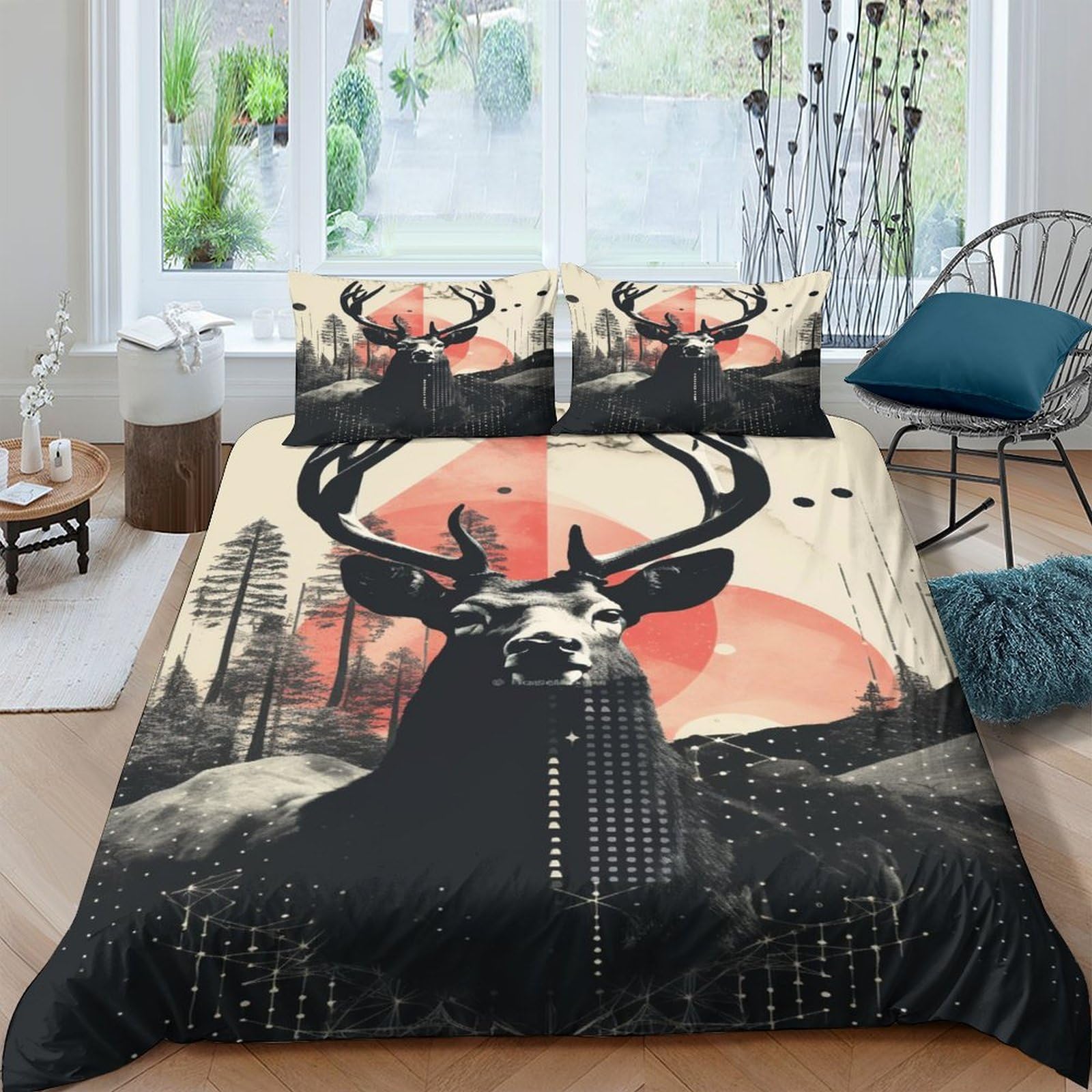 Housse de couette tête de cerf géométrique pour cocooning moderne en parure 3 pièces
