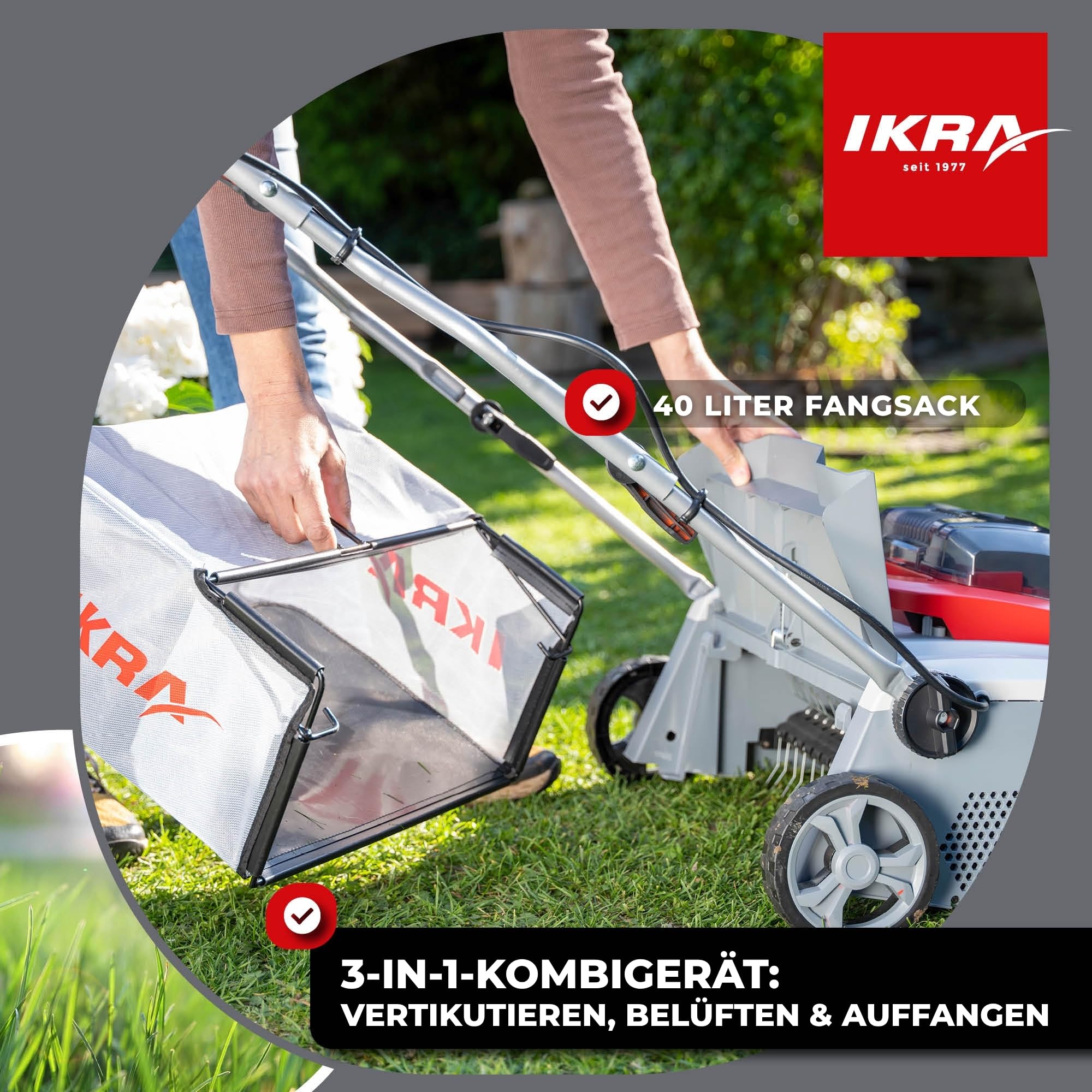 IKRA Akku Vertikutierer Rasenlüfter 3in1 IAVL 2-2040, Arbeitsbreite 40cm | Inkl. 2x Akku 20V 4,0Ah & Schnelllader, Fangkorb 40l, +12 bis -3mm, werkzeugloser Walzenwechsel, 20V-Akku-Familie von IKRA