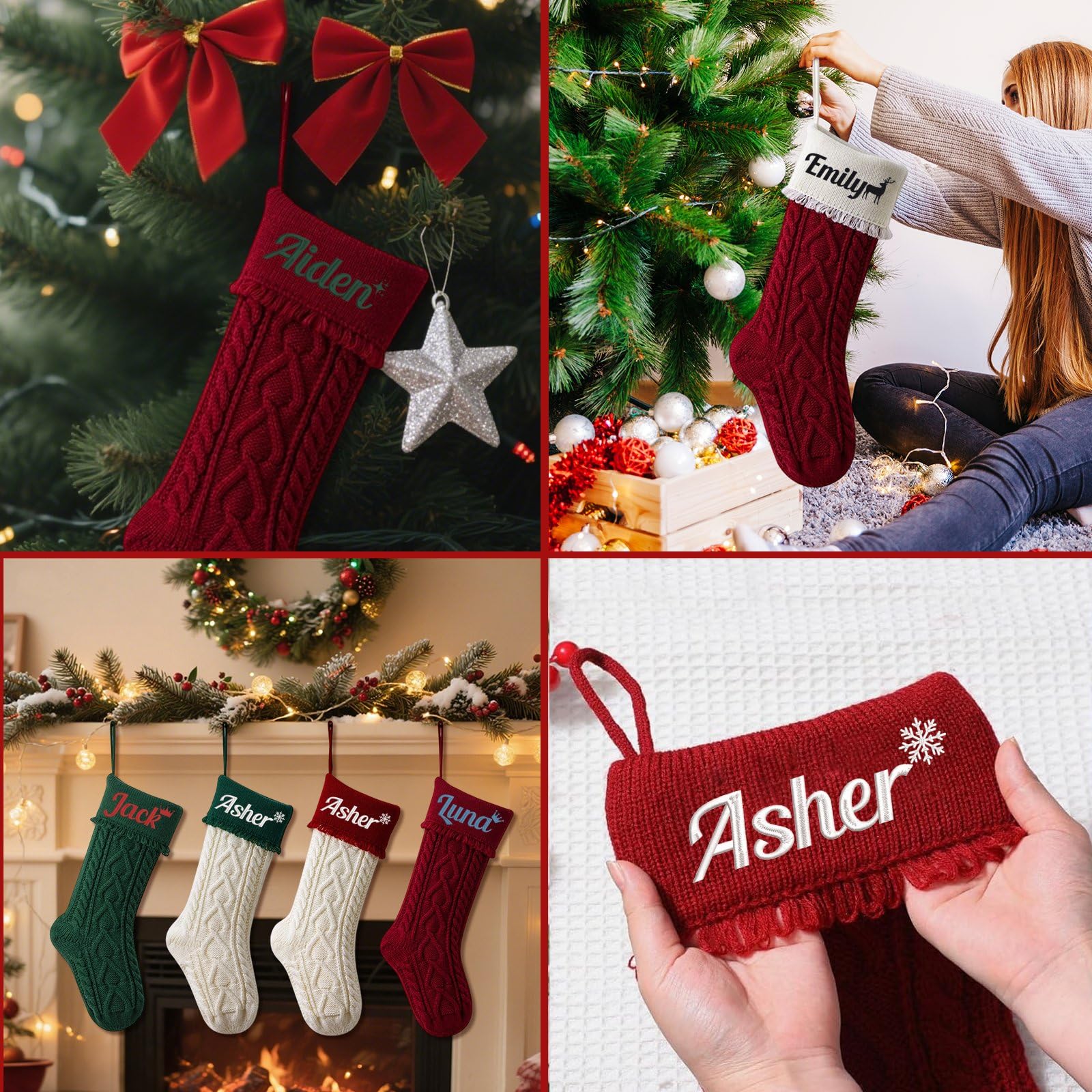 Weihnachtsstrümpfe, bestickt, 45,7 cm, gestrickt, 45,7 cm, für Kamin, Treppe, Zuhause, Weihnachtsbaum, 9 Stück