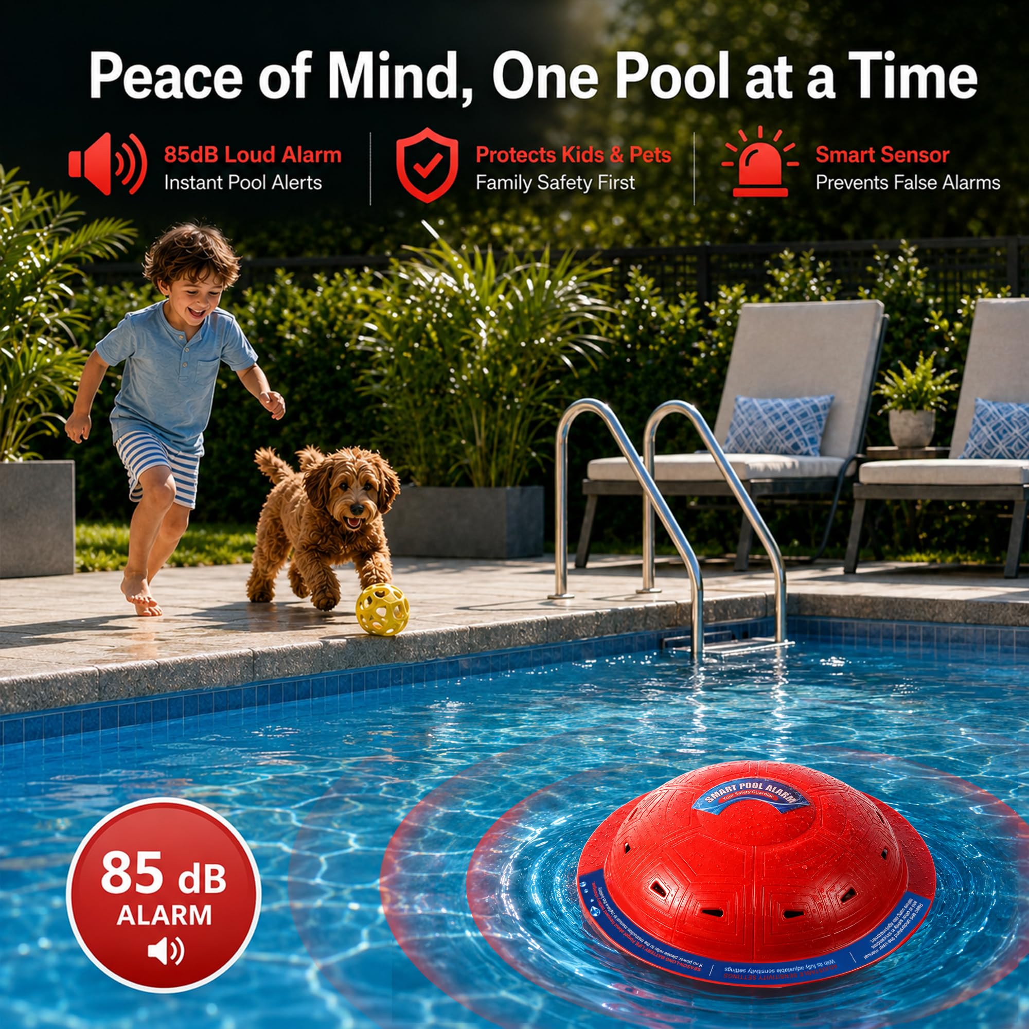 Allarme per piscina, allarme di sicurezza per piscine interrate e fuori terra, sensibilità regolabile, allarme 85 dB+, protezione per bambini e animali domestici (rosso)