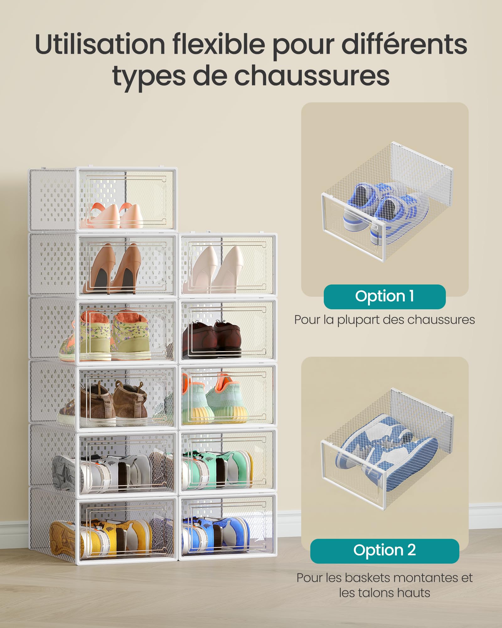 SONGMICS Boîtes à Chaussures, Rangement Chaussures en Plastique, Pliables et Empilables, pour Pointure Jusqu’à 43, Lot de 18, Transparent et Blanc Nuage LSP066W18