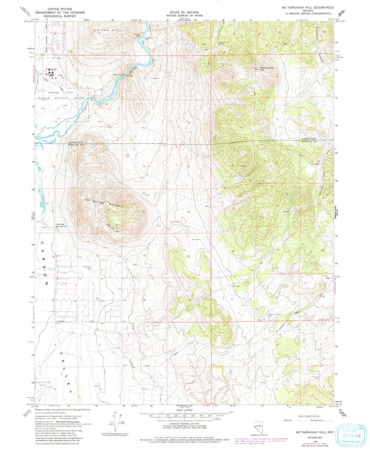 McTarnahan Hill NV topo map, 1:24000 Scale, 7.5 X 7.5 Minute, Historical, 1968, Updated 1991, 26.8 x 22 in