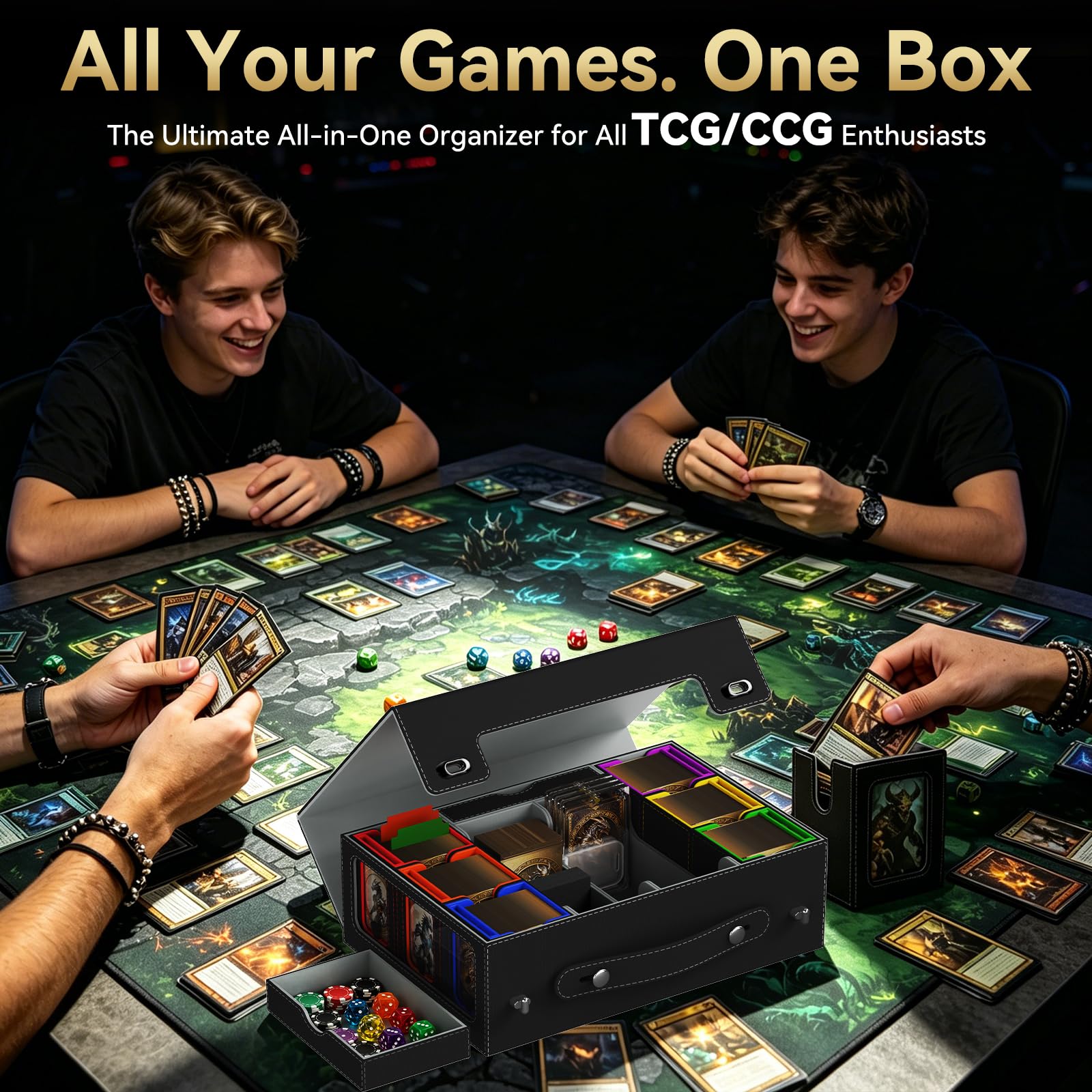 9in1 MTG Deckbox 6 Deck mit Tragbarem Griff,Commander Deck Box mit Display&WüRfelablage 2400+ Karten,Sammelkarten Aufbewahrungsbox mit35pt Magnetischen Kartenhaltern füR Top Loader Tcg Ptcg Sportkarte