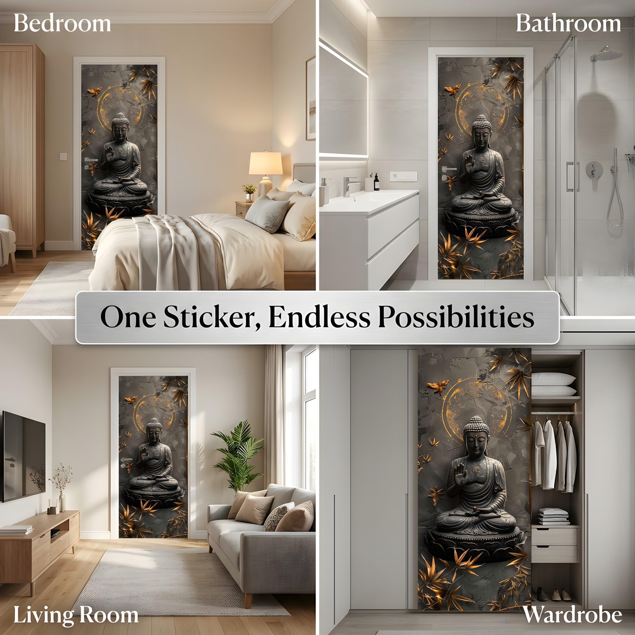 Asiatischer Stil Buddha Türaufkleber Orientalische Blätter Türfolie Selbstklebende Zen Gold Türfolie Türtapete Türposter, PVC Wasserdichte Fototapete Wandbild DIY Türtapete Selbstklebend 95x210 cm