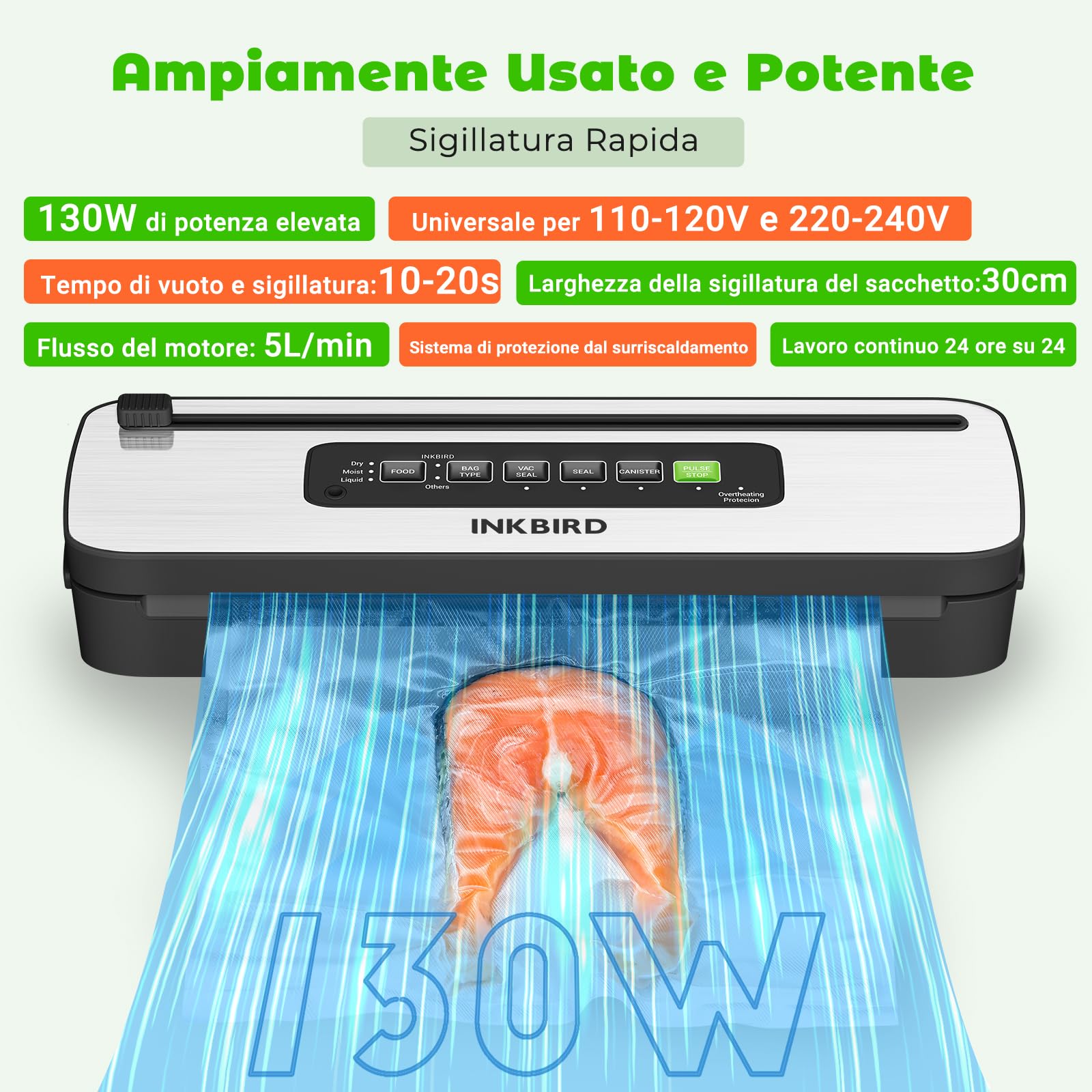 INKBIRD Macchina Sottovuoto Alimenti, Elettrodomestici di Messa Sotto Vuoto Con Taglierina Integrata | 7 Modalità di Sigillatura/Bagnata/Liquida, 130W Alta Potenza - Guarnizione Rapida, Indicatore