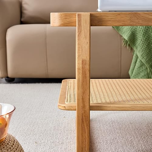 Miniatura 9 de TesNus Mesa de centro de madera maciza, moderna mesa de centro de ratán pequeña con estante de almacenamiento de 2 niveles, mesa de té rectangular