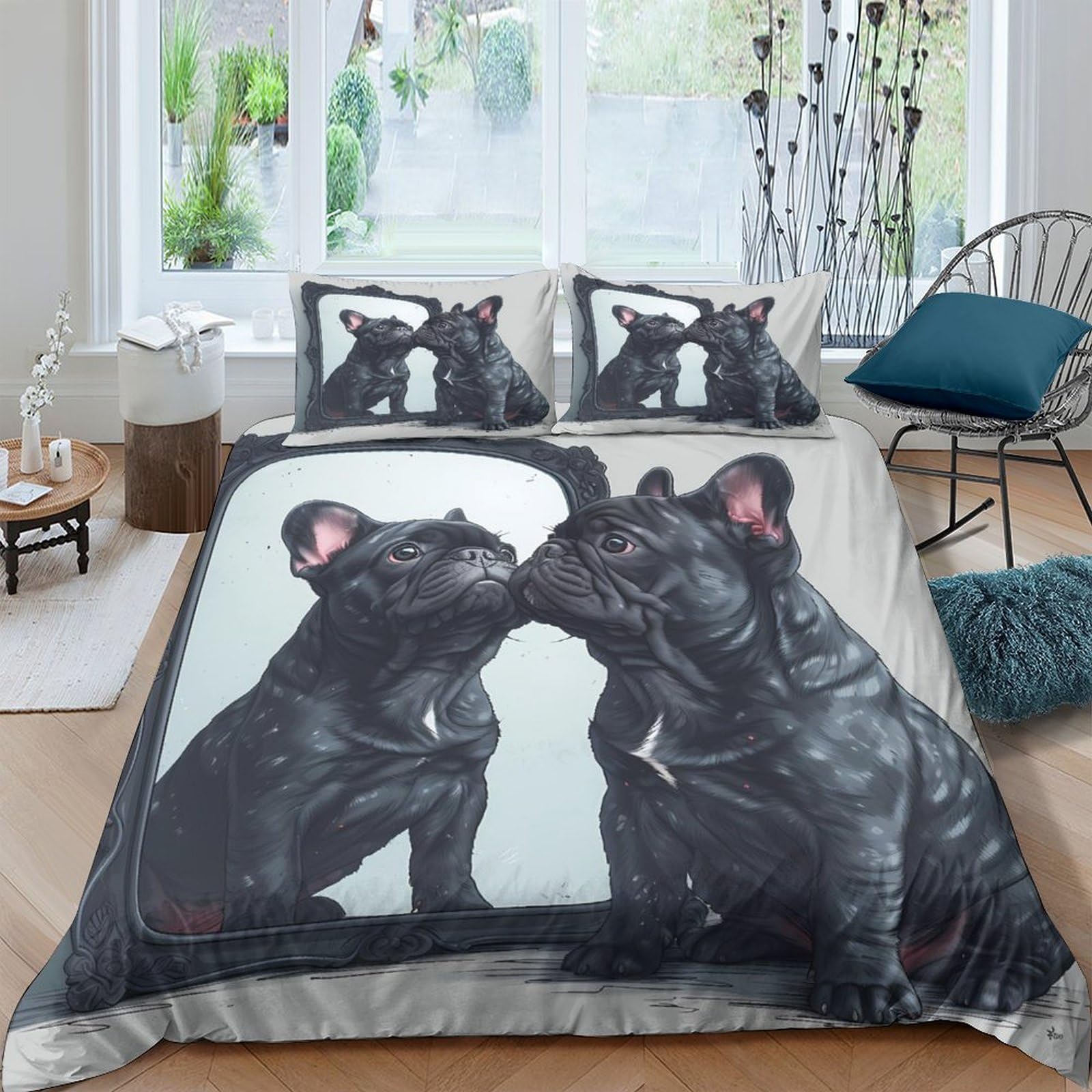 TUFRTGYHN 3D Printed Black French Bulldog Duvet Cover Microfiber Soft Breathable Dog Lovers Bedding Set with 2 Pillowcases for Bedroom Home Decor Single（135x200cm）