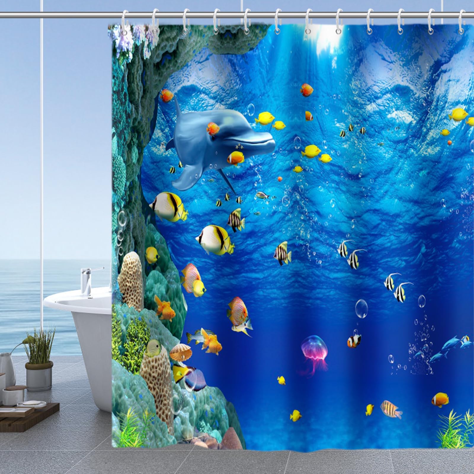 Yeele Fish Shower Curtains Under The Sea Blue Ocean Shower Curtain Set Waterproof Polyester Tropical Fishes Animals Bathrooms Decorations with Hooks,72x72in : Home & Kitchen