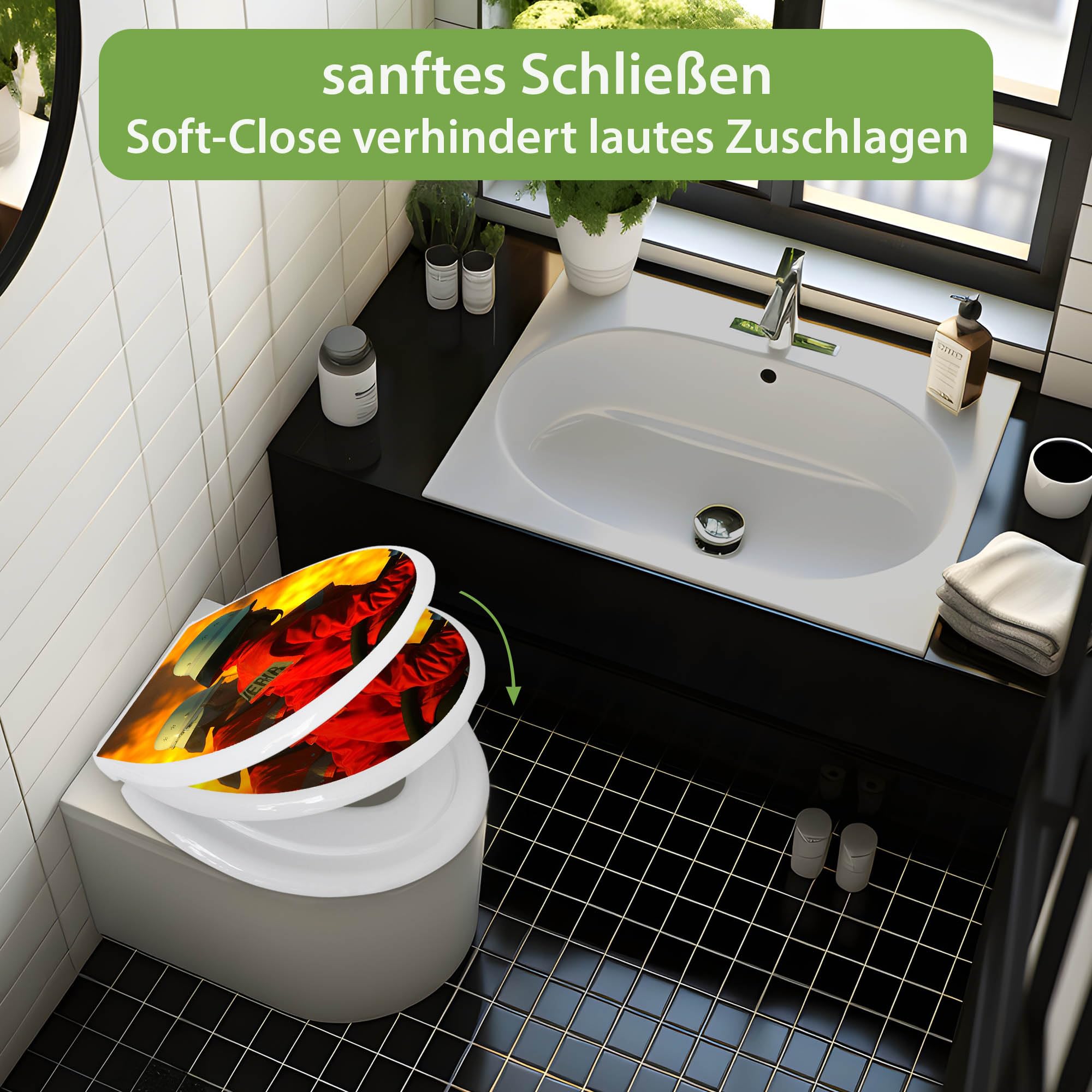 banjado Familien WC Sitz mit Absenkautomatik 44,9x37,1cm - Klobrille mit Kindersitz aus hochwertigem Polypropylen - Toilettendeckel mit Kinder Toilettensitz integriert - Motiv Feuer