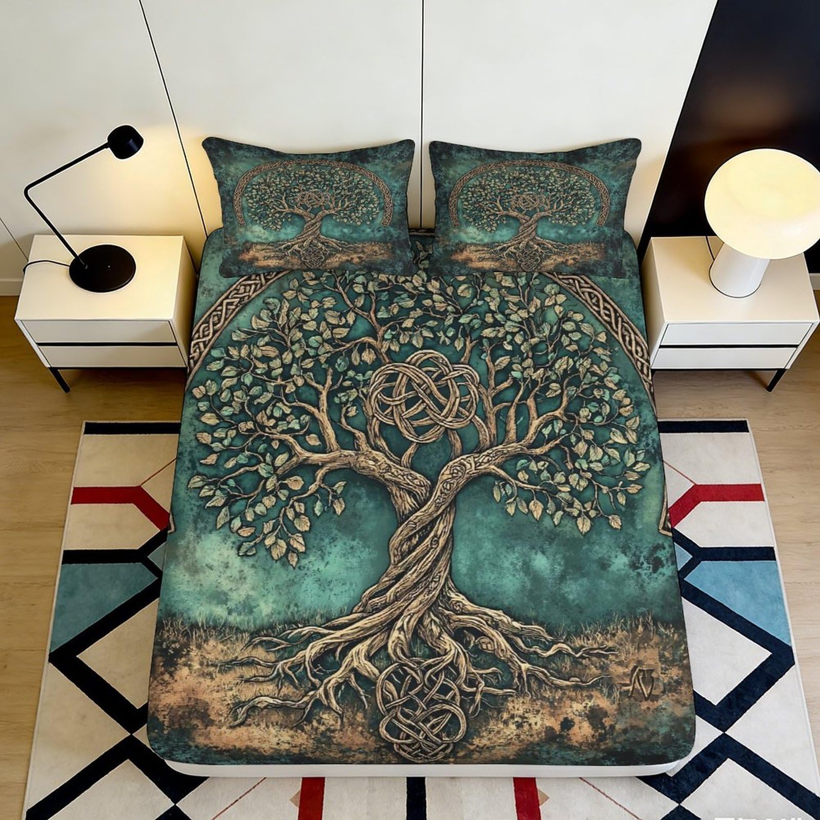 3D Printed Celtic Tree of Life Fitted Sheet Microfiber Anti-Slip Mattress Cover for Bedroom Dorm Easy Care Decorative 160x200x25cm
