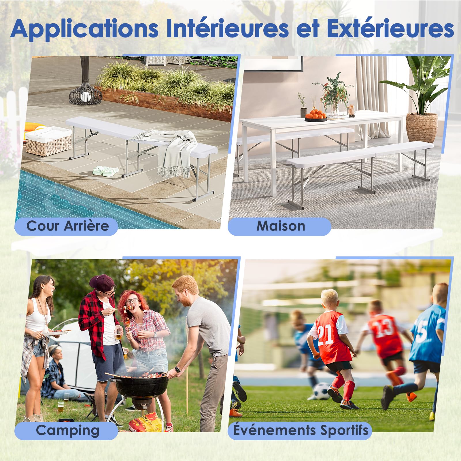 GOPLUS Banc Pliant Jardin en HEPE 182 cm, Banc d'Intérieur et d'Extérieur, Poignée de Transport, Etanche, pour Pique-Nique, Camping, Barbecues,182 x 27,5 x 43 cm,Charge 300KG