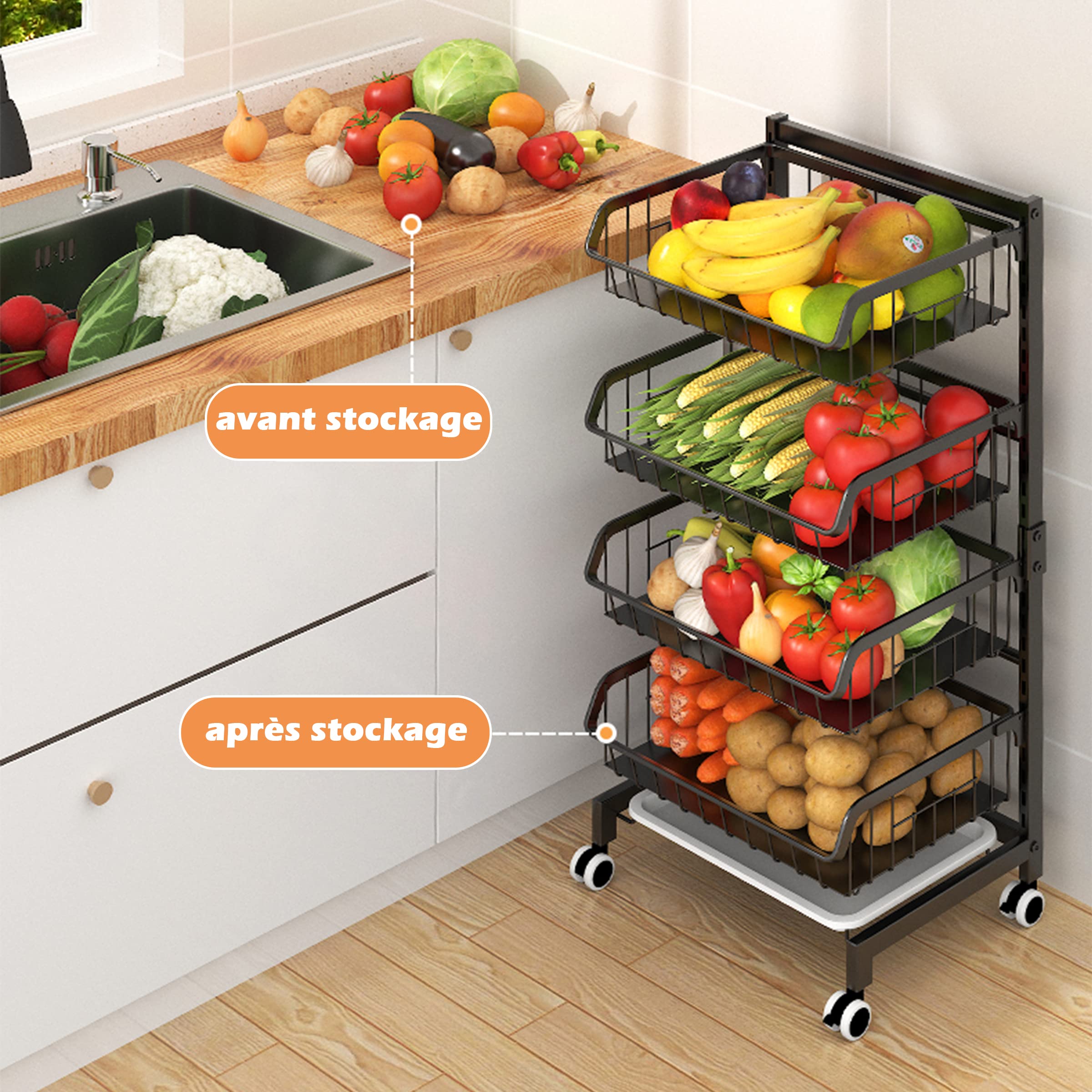 COVAODQ Étagère à légumes pour Cuisine, Panier à Fruits empilable, Chariot de Rangement avec roulettes verrouillables et Plateau, pour Salle de Bain, Cuisine, Bureau (Fer)