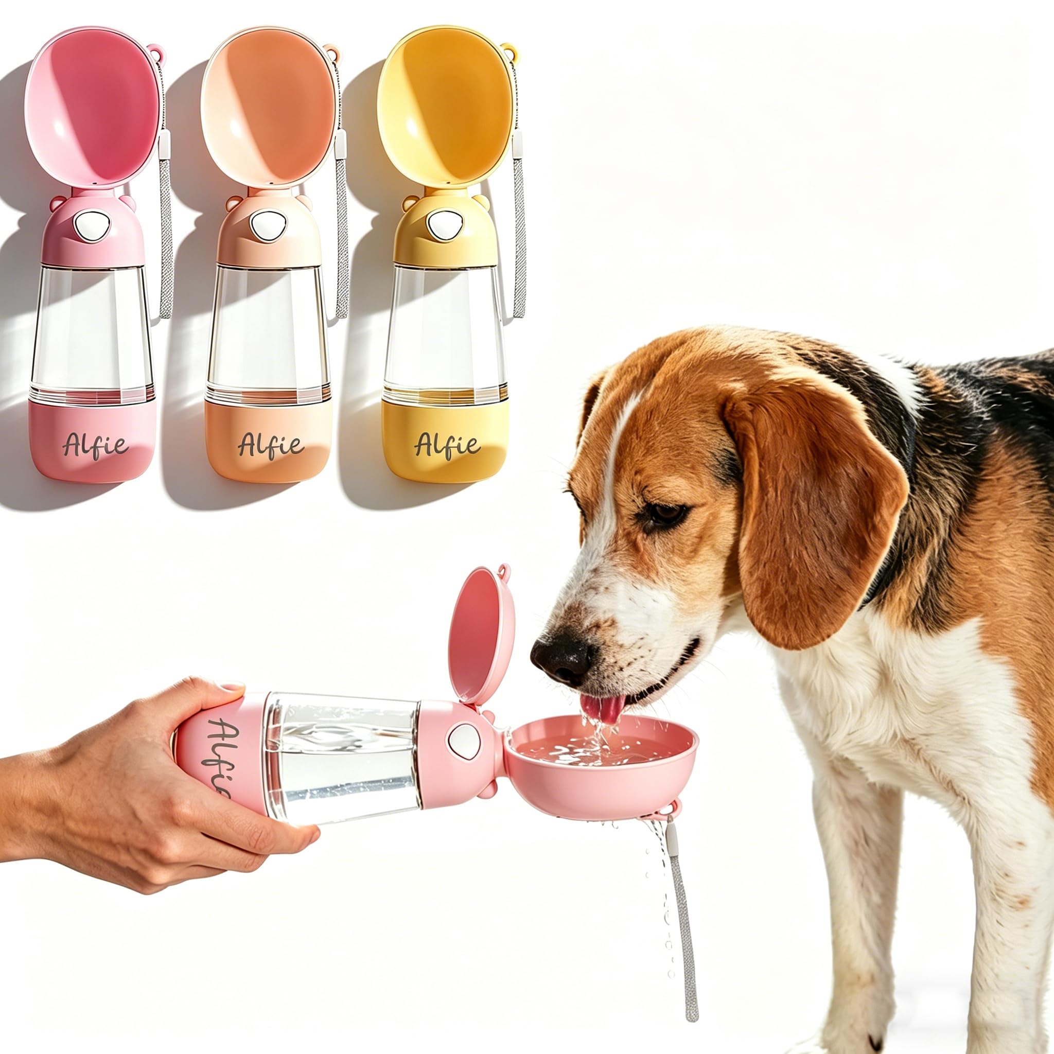 Personalised Dog Water Bottle with Name – Portable Leak Proof Pet Waterer for Walking, Hiking, Camping – Outdoor Drinking Bottle for Dogs, Cats, Puppies – Travel Essentials for Dog Owners (Pink)