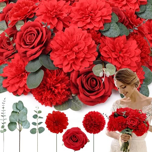 XunYee 50 Pcs Fake Silk Flowers with Stem Eucalyptus Leaves, Red | Faux Blooms for Vase Arrangements, DIY Wedding Bouquets, Table Centerpieces, Wreath Crafts, Home Decoration