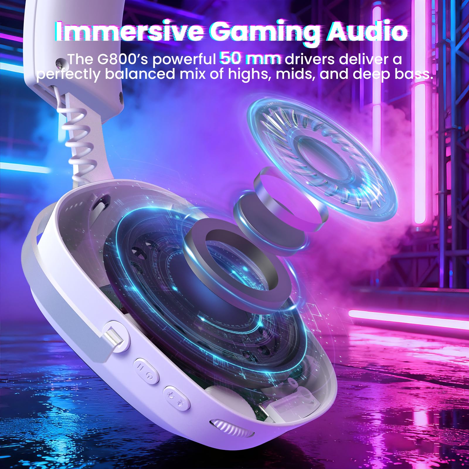 ATTACK SHARK G800 Kabelloses Gaming-Headset, Aluminiumrahmen, 7.1 Surround, Biegsames ENC-Mikrofon, Tri-Modus(2.4G/BT/3.5mm), 1000mAh, 50mm Treiber, RGB Für PC/Mac/PS- Weiß