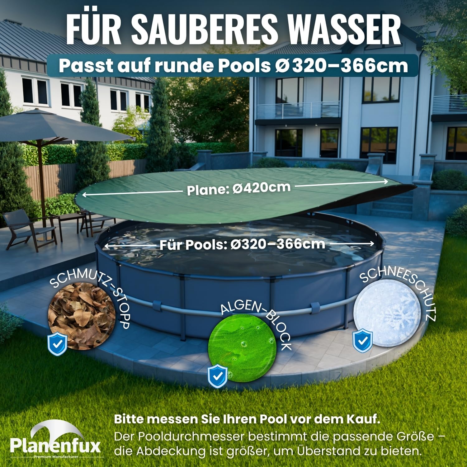 Planenfux® Poolabdeckung rund 366 cm (Für Ø 320-366 cm Becken) | 2-in-1 Abdeckplane Pool aus 200g/m² PE Material | Poolplane Solarplane Rundpool für Sommer & Winter | Ø 420 cm Schwimmbecken Abdeckung