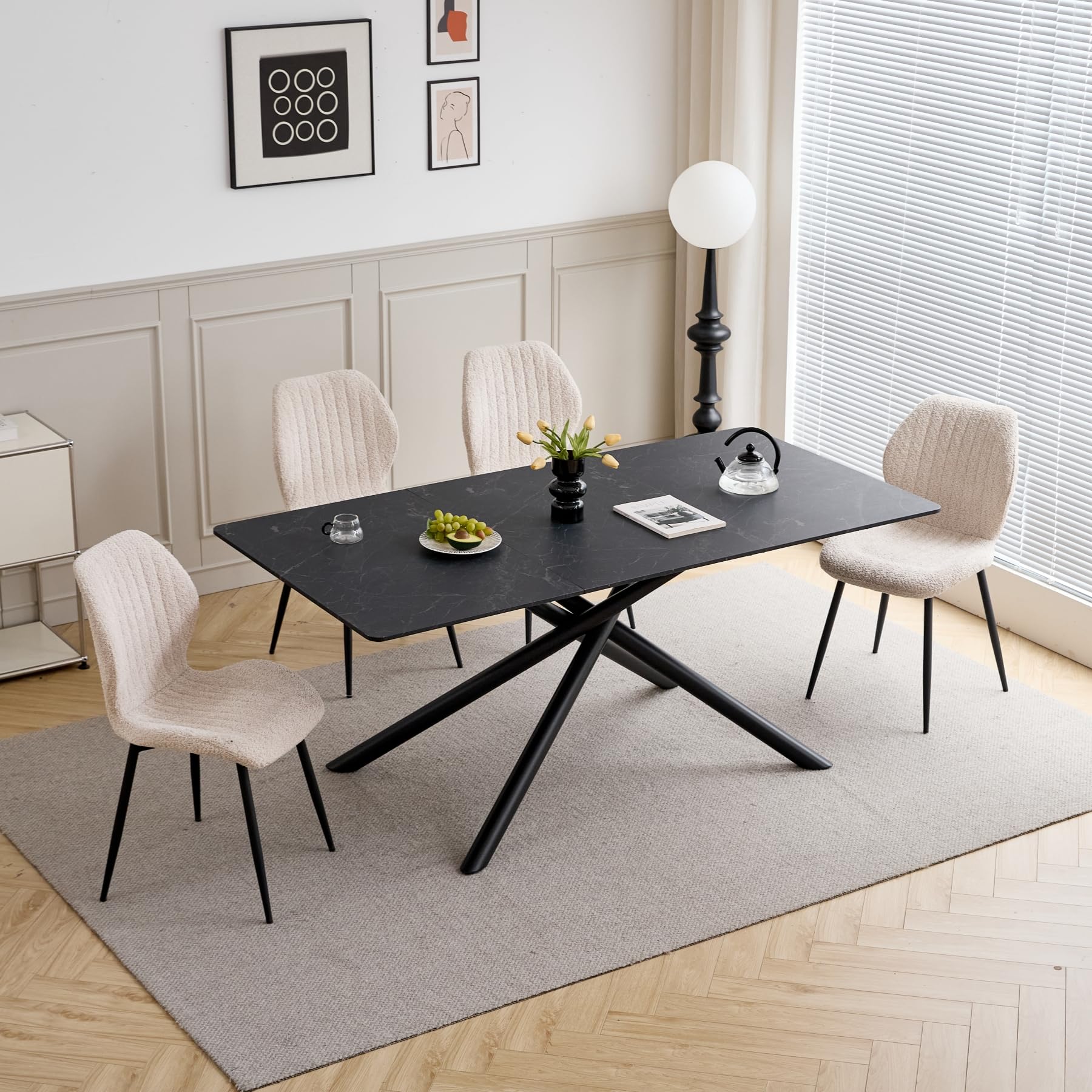 GrandCA HOME Tavolo da Pranzo Rettangolare, Tavolo da Cucina Moderno da 180 cm, Ampia Scrivania in MDF con Gambe in Metallo, per Sala da Pranzo, Soggiorno, Ufficio (Marmo Nero)