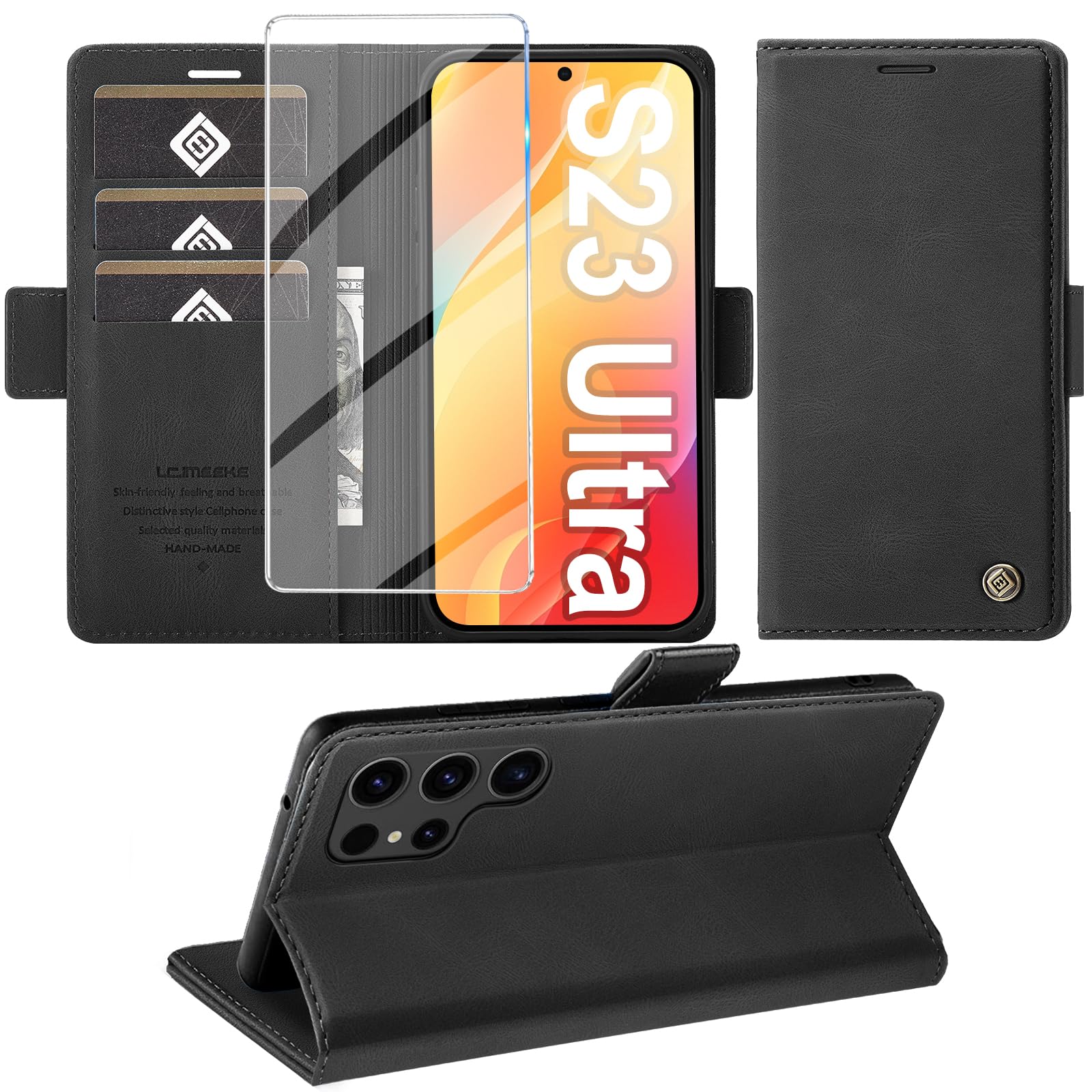 Giyer Handyhülle für Samsung Galaxy S23 Ultra Hülle mit Schutzfolie, Standfunktion Kartenfach Wallet Premium Leder Schutzhülle Flip Case Cover Klapphülle S23 Ultra 6.8 Zoll (Schwarz)