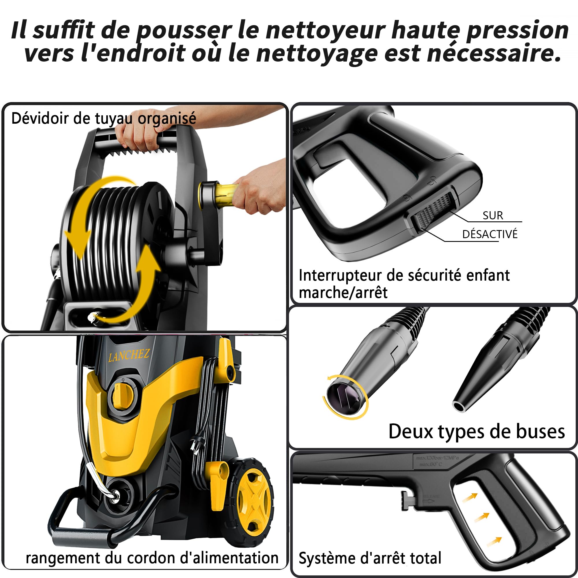 2026 New Nettoyeur Haute Pression Max.145 Bars, Débit 420 l/h, 7-in-1 Buses, Rendement Jusqu’à 50 m²/h, Canon à Mousse 500ml, Brosse pour terrasse, pour Voiture, terrasse, Jaune