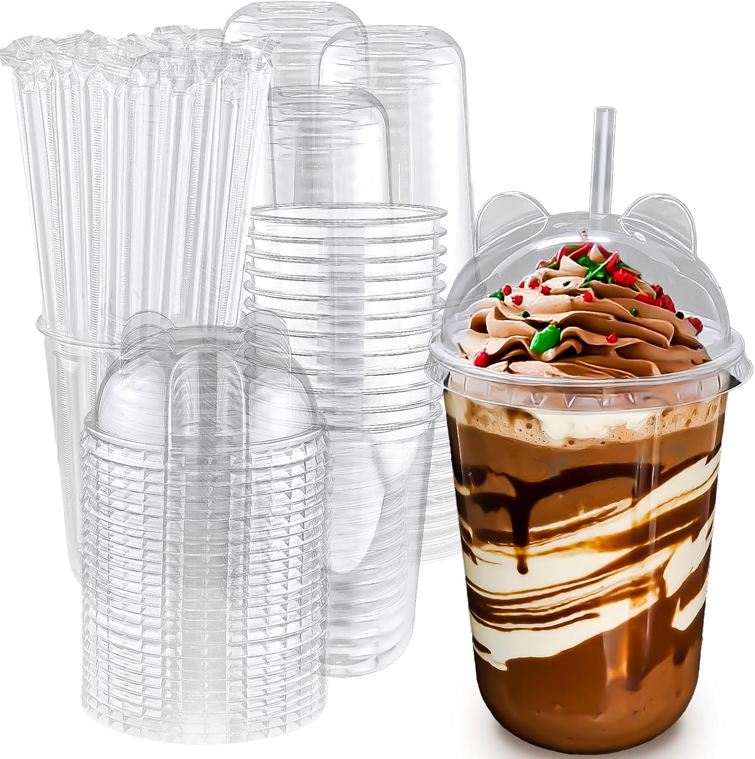 Qsqwsuye 16oz 50 Set Disposable Plastic Cups with Dome Lids and Straws, Clear Iced Coffee Cups with lids, Round Bottom Plastic Cup for Milkshakes Juice Beverages Holiday Party Outdoor Picnic Supplies