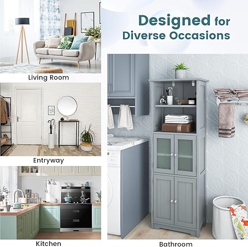 Miniatura 9 de LOKO Armario alto de baño, organizador de almacenamiento moderno con puertas y estantes abiertos, armario de piso de madera con estantes ajustables