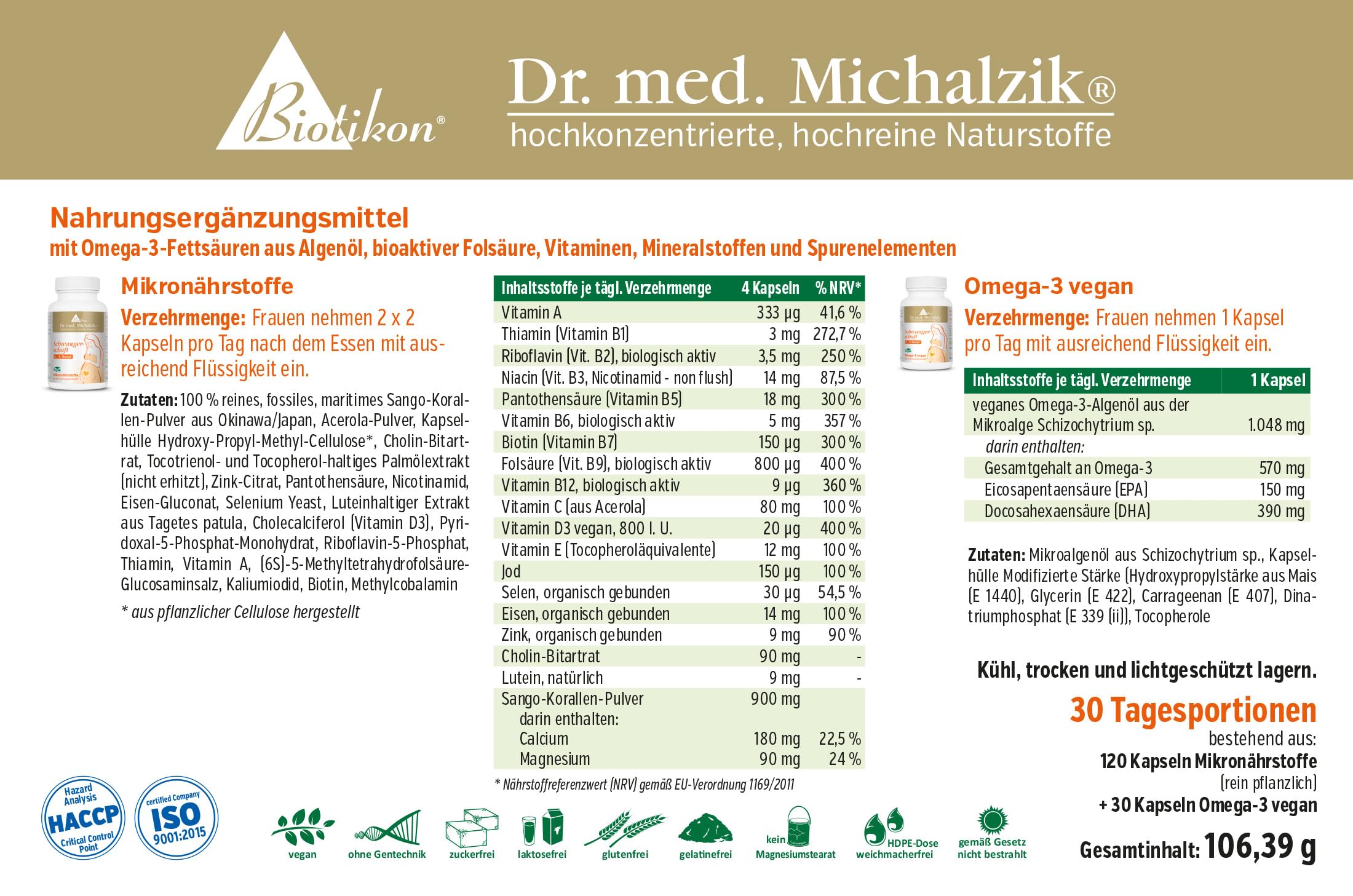 Schwangerschaft Dr. Michalzik, 800 µg Folsäure, 150 Kapseln | Mit Folsäure, DHA Omega-3, Eisen und Calcium • vegane Kapseln • eigene deutsche Produktion • ohne Zusätze