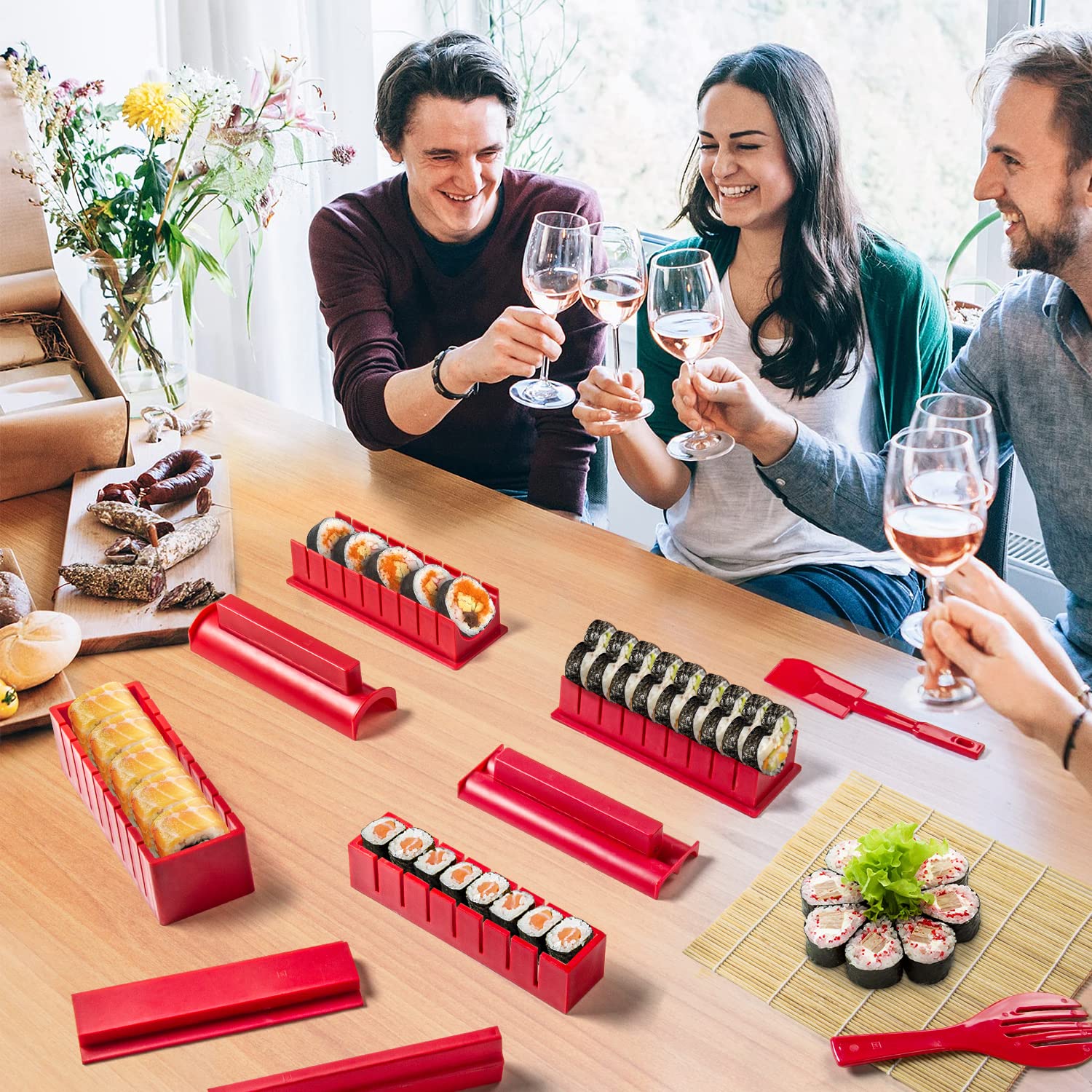 Sushi Making Kit 17 Stück Sushi-Set Sushi Form Set Mehrere Formen DIY Sushi Selbst Machen Set, Sushi-Matten, Sushi-Teller,Essstäbchen (Rot)