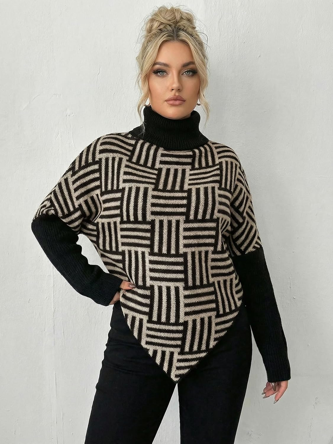Women's Plus Size Turtleneck Poncho Sweater Dressy Casual Dolman Long Sleeve Asymmetrical Pullover Tops