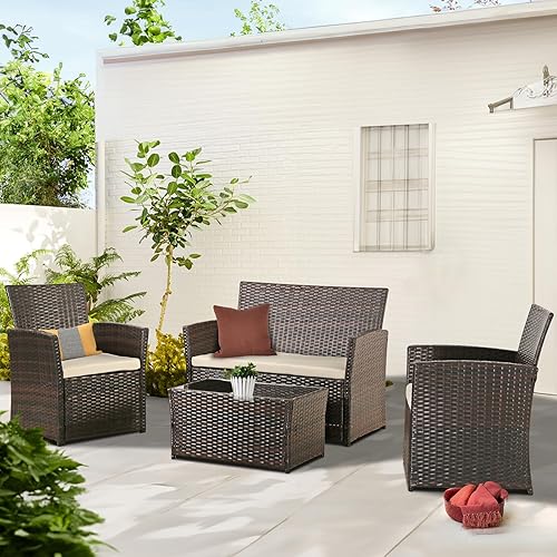 PORWEY Patio Outdoor Furniture 4 Pieces Sectional Sofa Set Balcony Furniture Wicker Rattan Chairs with Table and Loveseat for Garden, Porch, Backyard, Brown Wicker/Beige Cushion