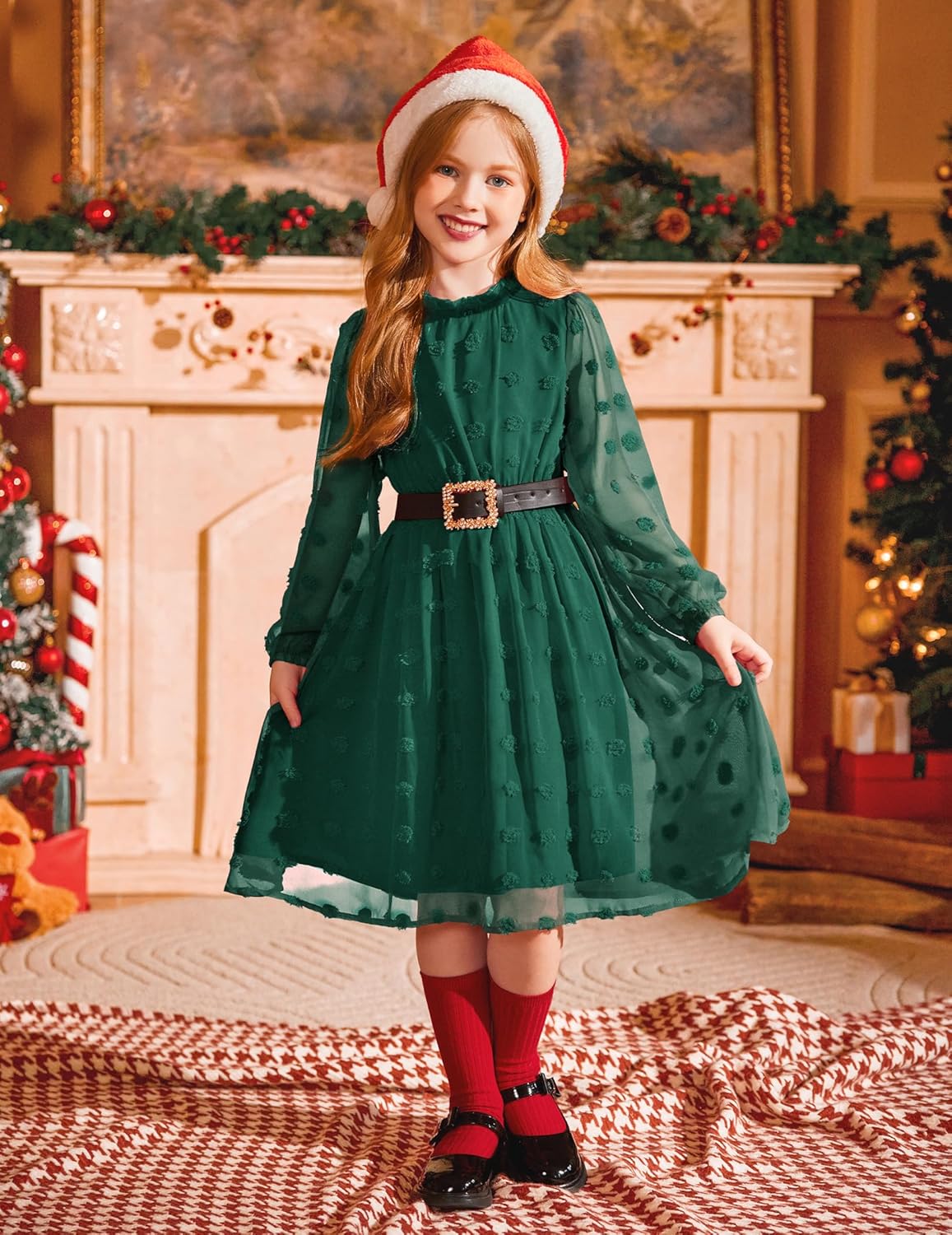 Arshiner Girls Dress Long Sleeve Swiss Dot Ruffle Collar Flowy A-Line Party Dress for Kids 5-13Y - Image 6