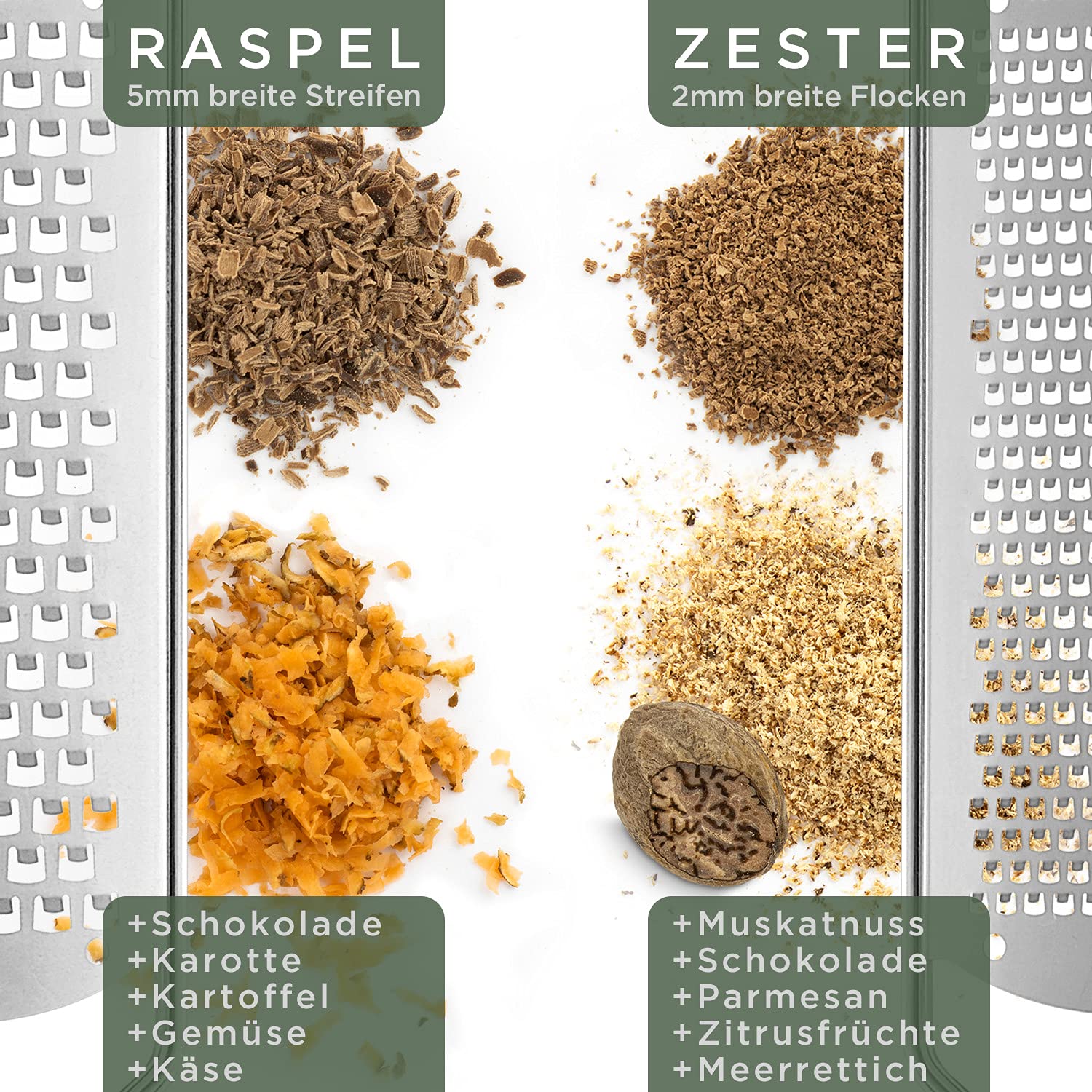 WALDWERK Käsereibe (2er Set) - Parmesanreibe mit Design Holzgriff - Zesterreibe aus Edelstahl mit geätzten Schneiden - Reiben auch geeignet als Muskatreibe, Zitronenreibe, Ingwerreibe