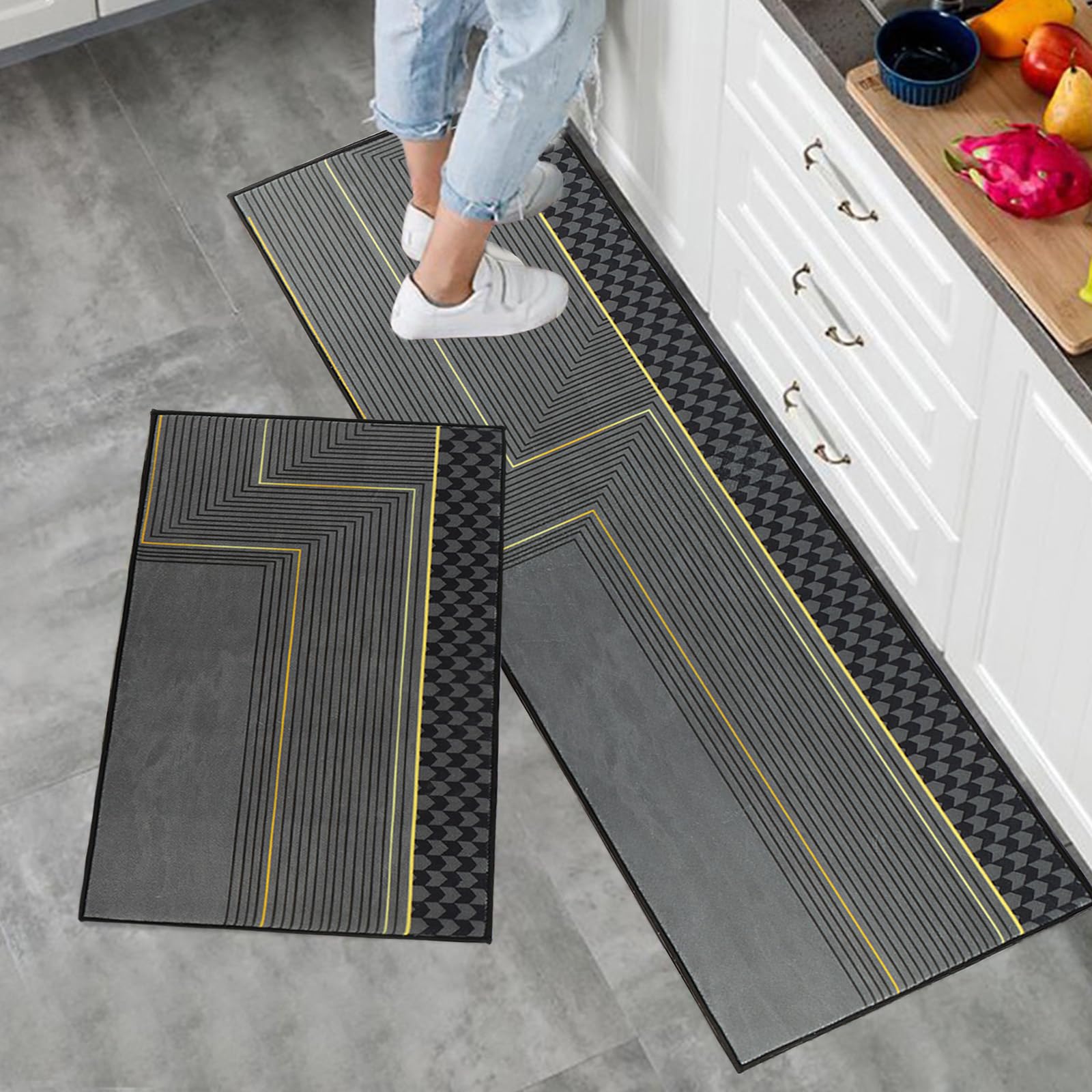 BWBIKE Juegos de Alfombras de Cocina 2 Piezas Alfombrillas Blandas Alfombrillas Antideslizantes Alfombra Súper Absorbente para Cocina Pasillo Lavadero 43 x 75 cm + 43 x 150 cm, Raya Larga