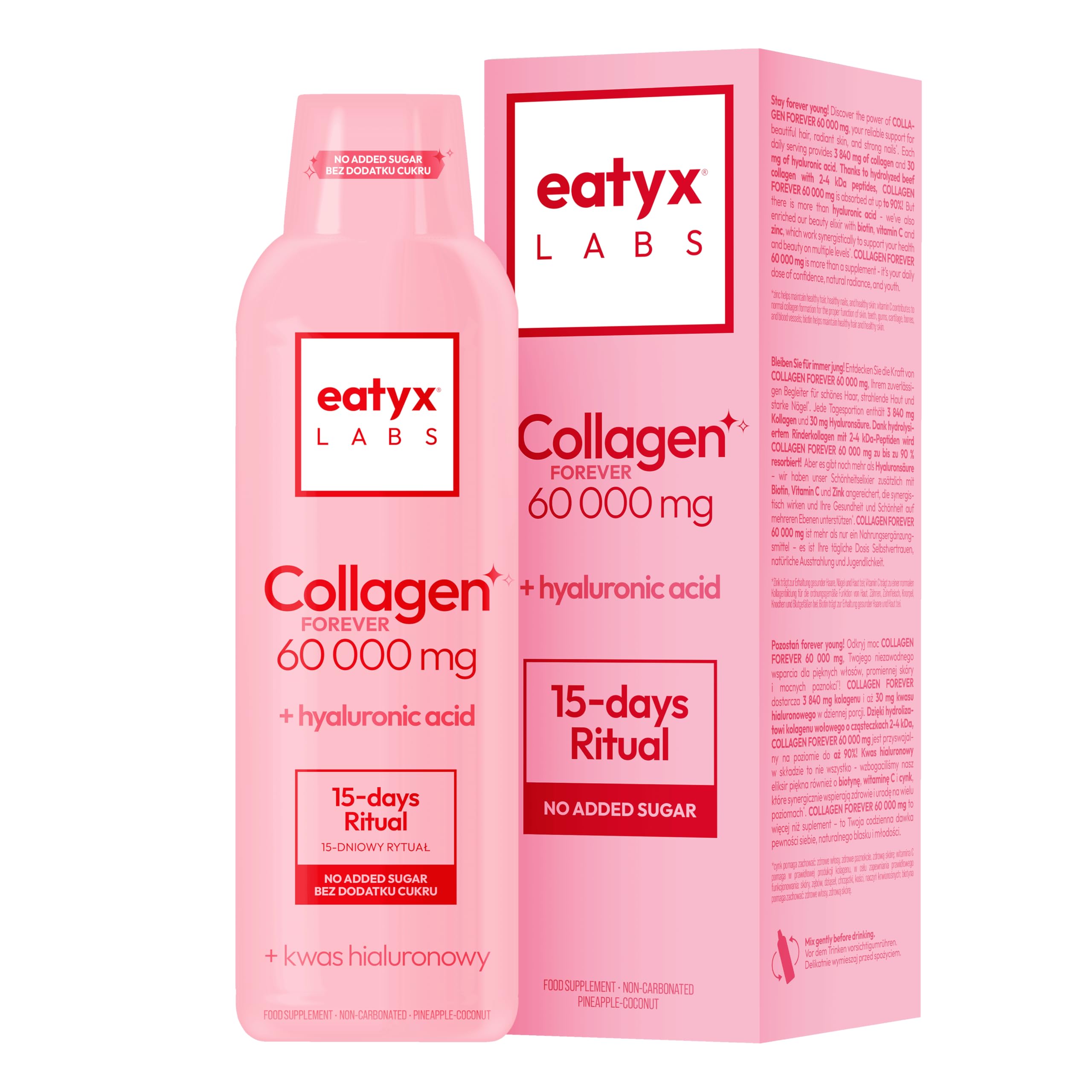 EATYX Labs Collagen Forever 500 ml – 60-dniowa kuracja kolagenowa 5000 mg, suplement diety na skórę, włosy i paznokcie, witaminy i kwas hialuronowy