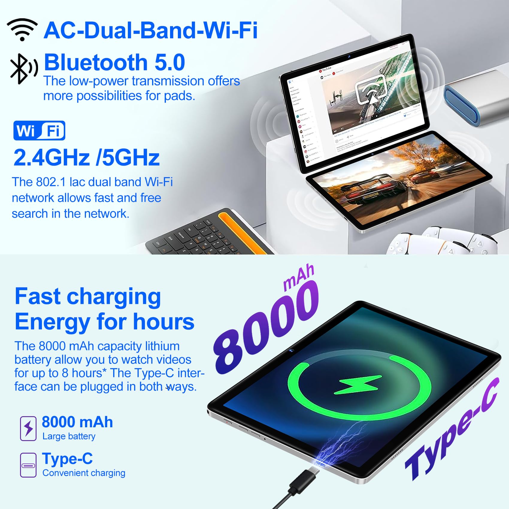 Tablet 10 Pollici Android 13 con 14 GB RAM + 128 GB ROM(1TB Espandibile), Octa-Core, 5G Wi-Fi, GPS, 8000mAh, 8MP+5MP, Bluetooth 5.0, USB-C, OTG, Tablet con Tastiera e Mouse + Custodia, Argento