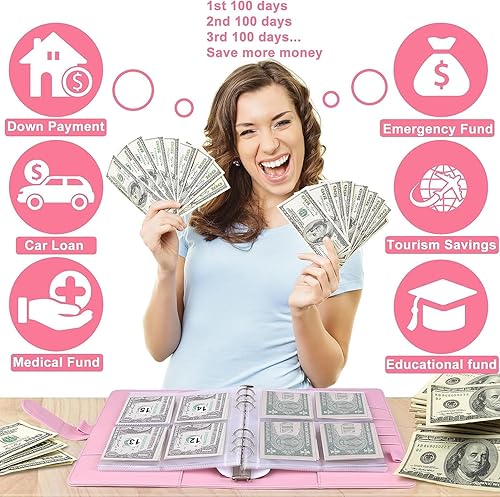 Miniatura 6 de Carpeta de 100 sobres de desafío A5 para ahorro de dinero, carpeta de presupuesto con ranura para tarjetas, anillo de acero inoxidable, 25 hojas,